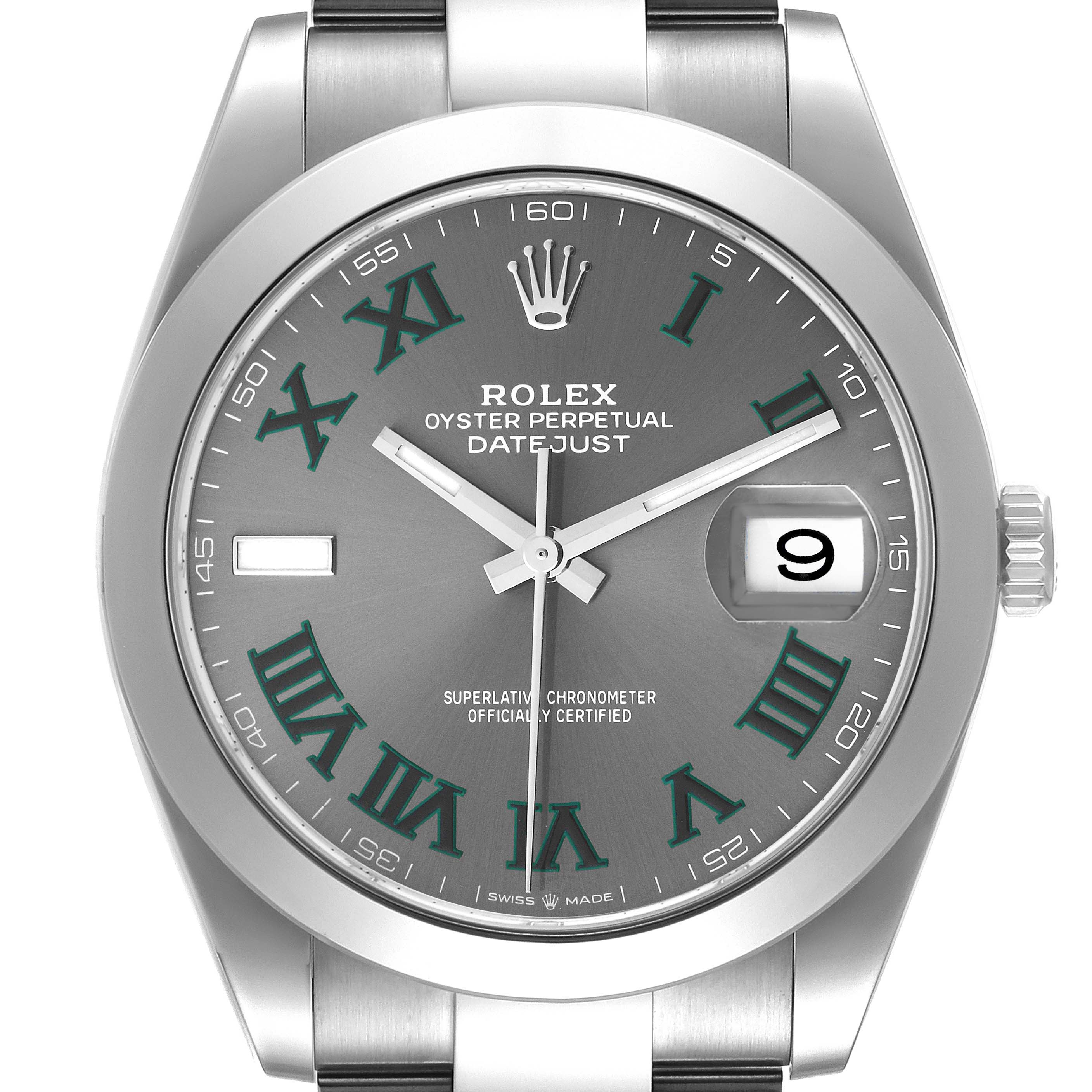 The image shows a front view of the Rolex Datejust 41 126300 Men's Stainless Steel Grey Dial 126300 Men's Stainless Steel Grey Dial watch, featuring a gray dial with Roman numerals, date window, and Oyster bracelet.