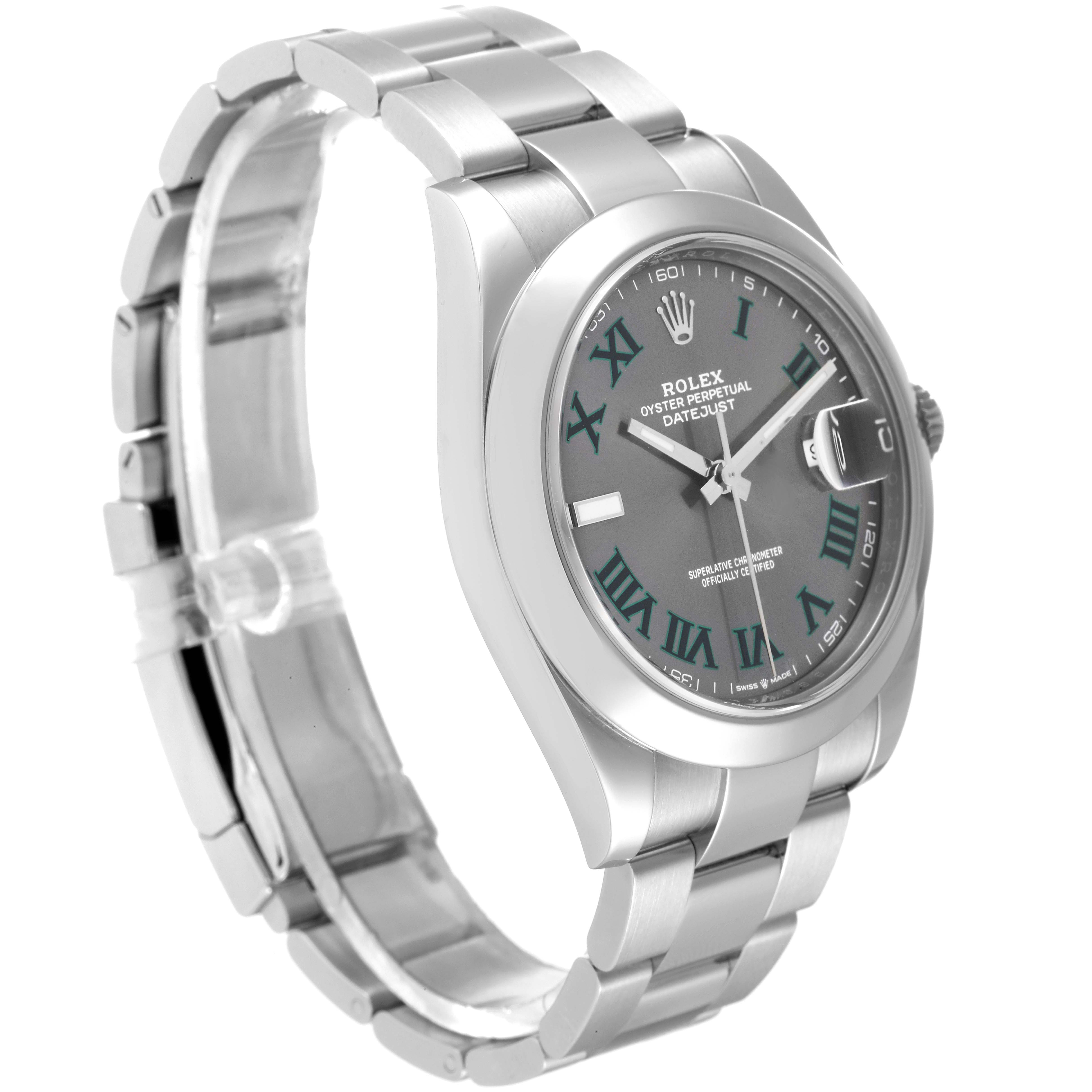 The image shows a Rolex Datejust 41 126300 Men's Stainless Steel Grey Dial 126300 Men's Stainless Steel Grey Dial watch angled from the left side, displaying the case, bracelet, and watch face.