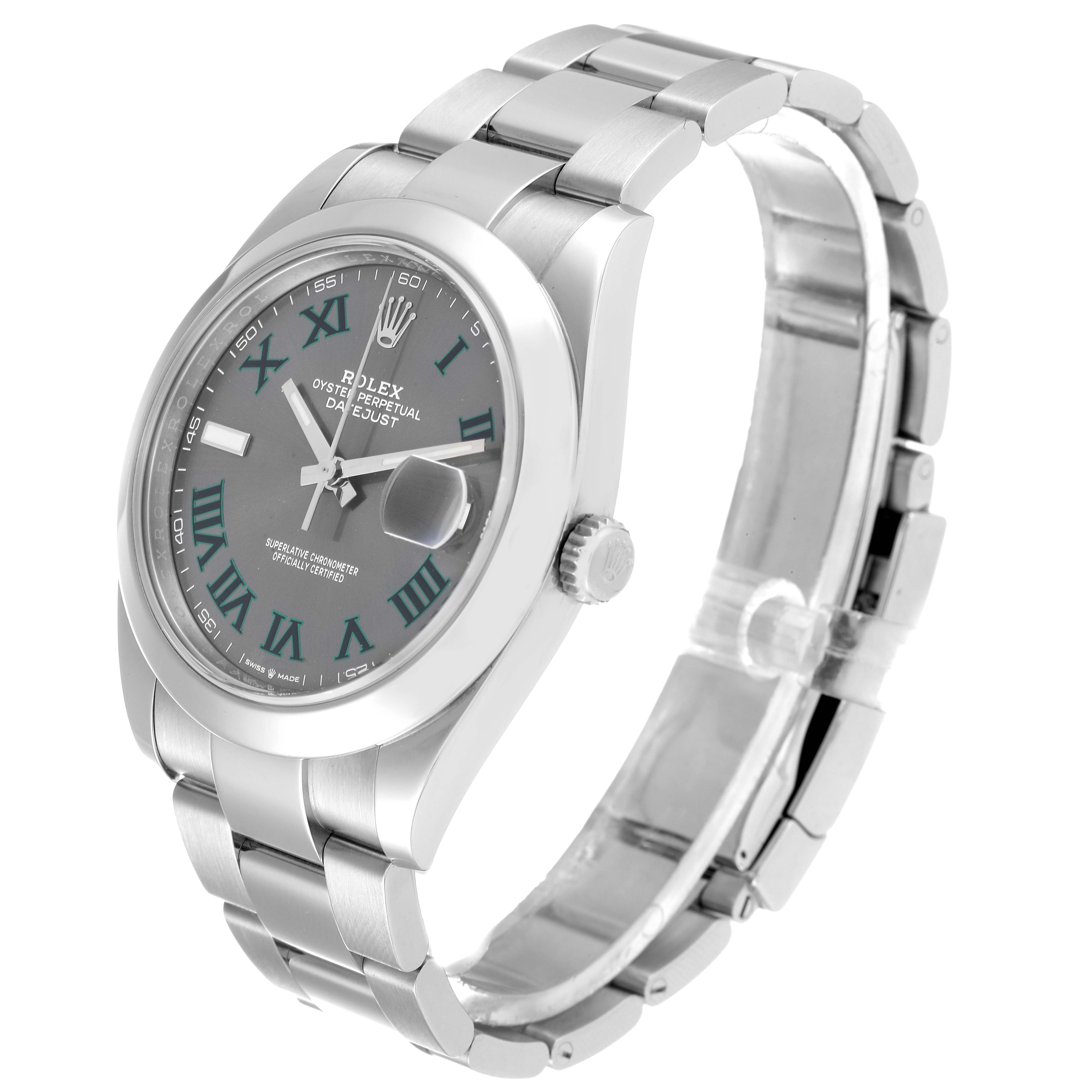 The Rolex Datejust 41 126300 Men's Stainless Steel Grey Dial 126300 Men's Stainless Steel Grey Dial watch is shown at an oblique angle, highlighting the face, bezel, crown, and metal bracelet.