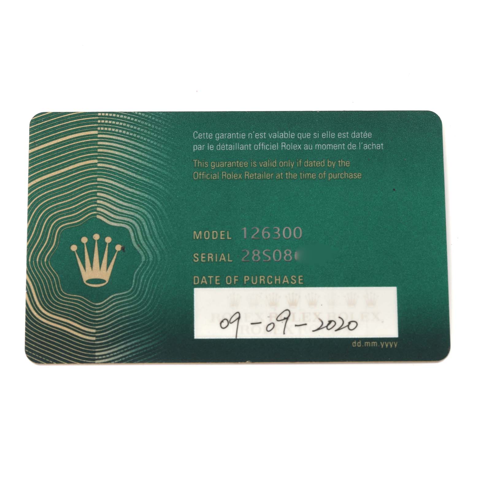 The image shows the warranty card for a Rolex Datejust 41 126300 Men's Stainless Steel Grey Dial 126300 Men's Stainless Steel Grey Dial model 126300.
