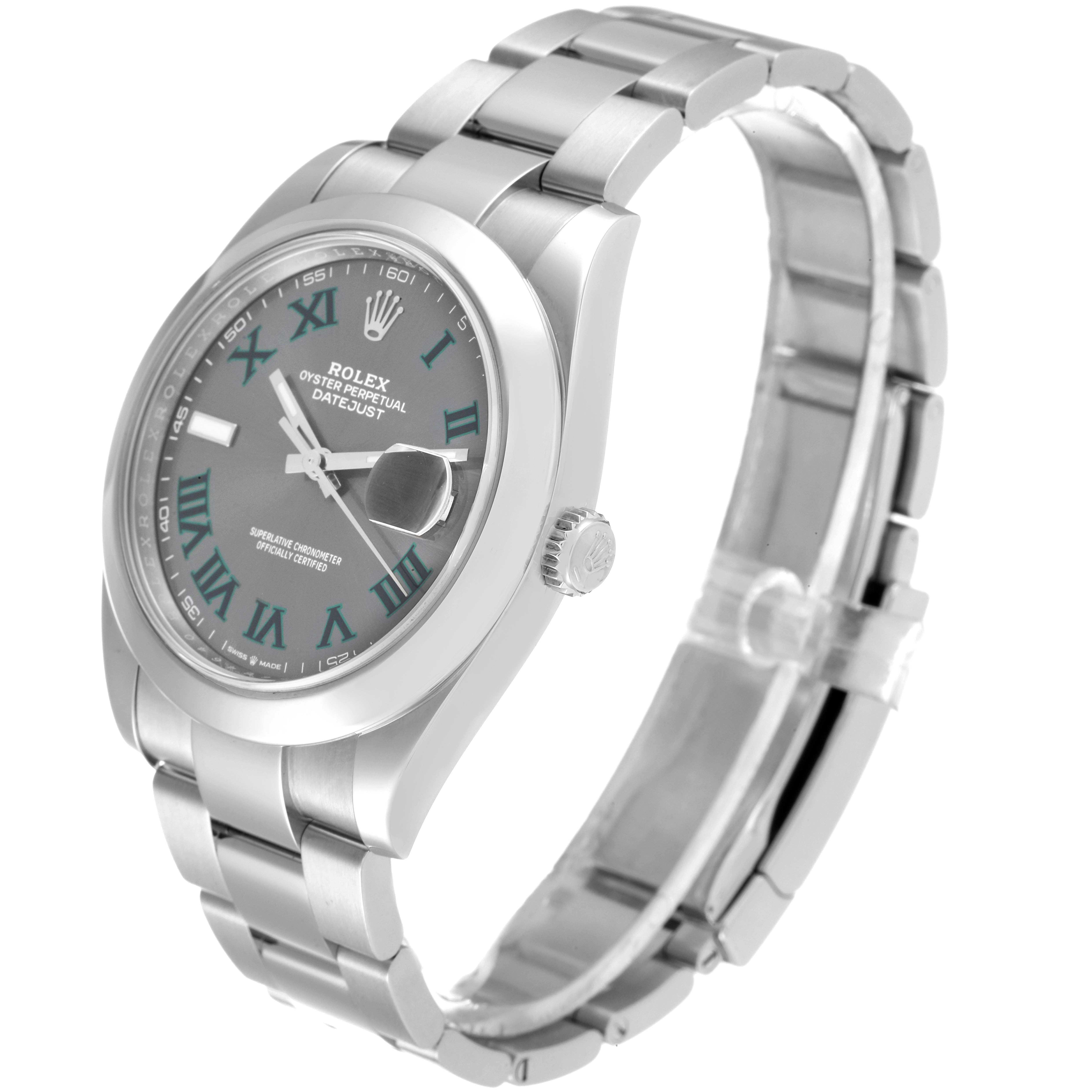 This image shows a Rolex Datejust 41 126300 Men's Stainless Steel Grey Dial 126300 Men's Stainless Steel Grey Dial watch at an angled side view, highlighting its dial, bezel, and bracelet.