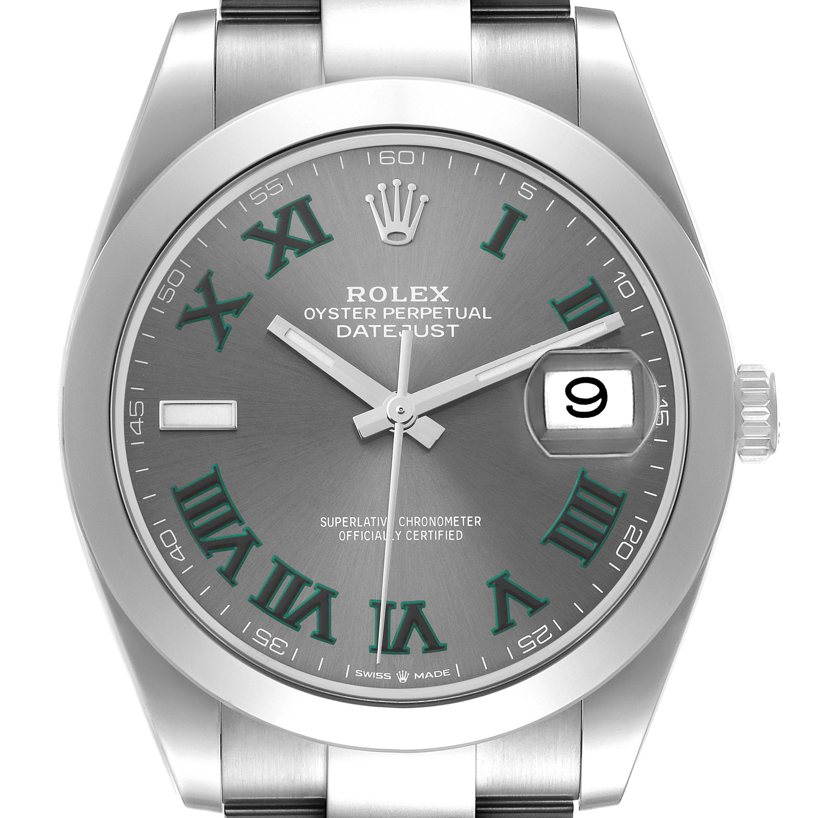 The image shows a front view of the Rolex Datejust 41 126300 Men's Stainless Steel Grey Dial 126300 Men's Stainless Steel Grey Dial watch, displaying its dial, hands, date window, and part of the bracelet.