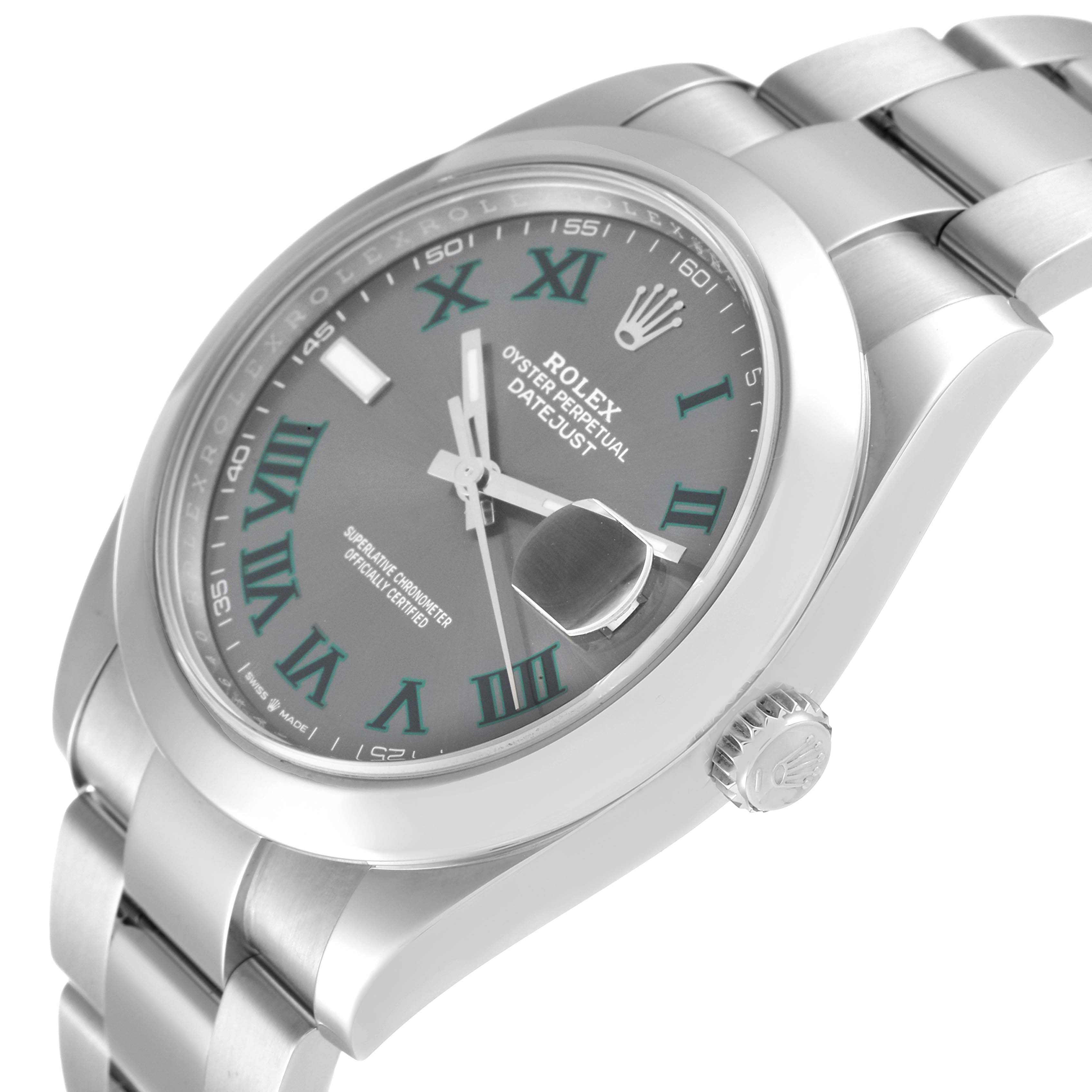 This image shows the Rolex Datejust 41 126300 Men's Stainless Steel Grey Dial 126300 Men's Stainless Steel Grey Dial from a side angle, highlighting its dial, crown, and bracelet.