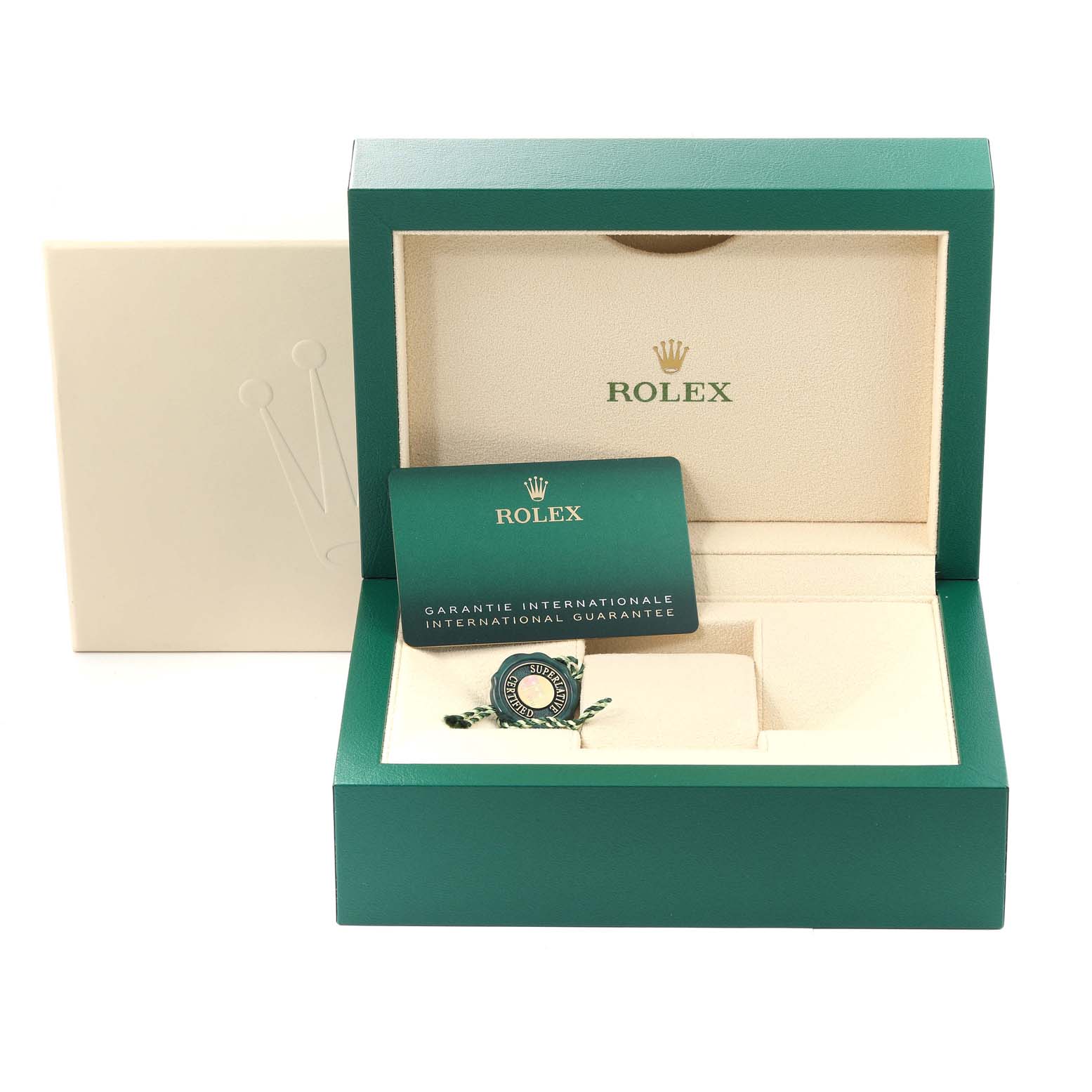 The image shows the packaging, warranty card, and tag for the Rolex Datejust 41 126300 Men's Stainless Steel Grey Dial 126300 Men's Stainless Steel Grey Dial model.