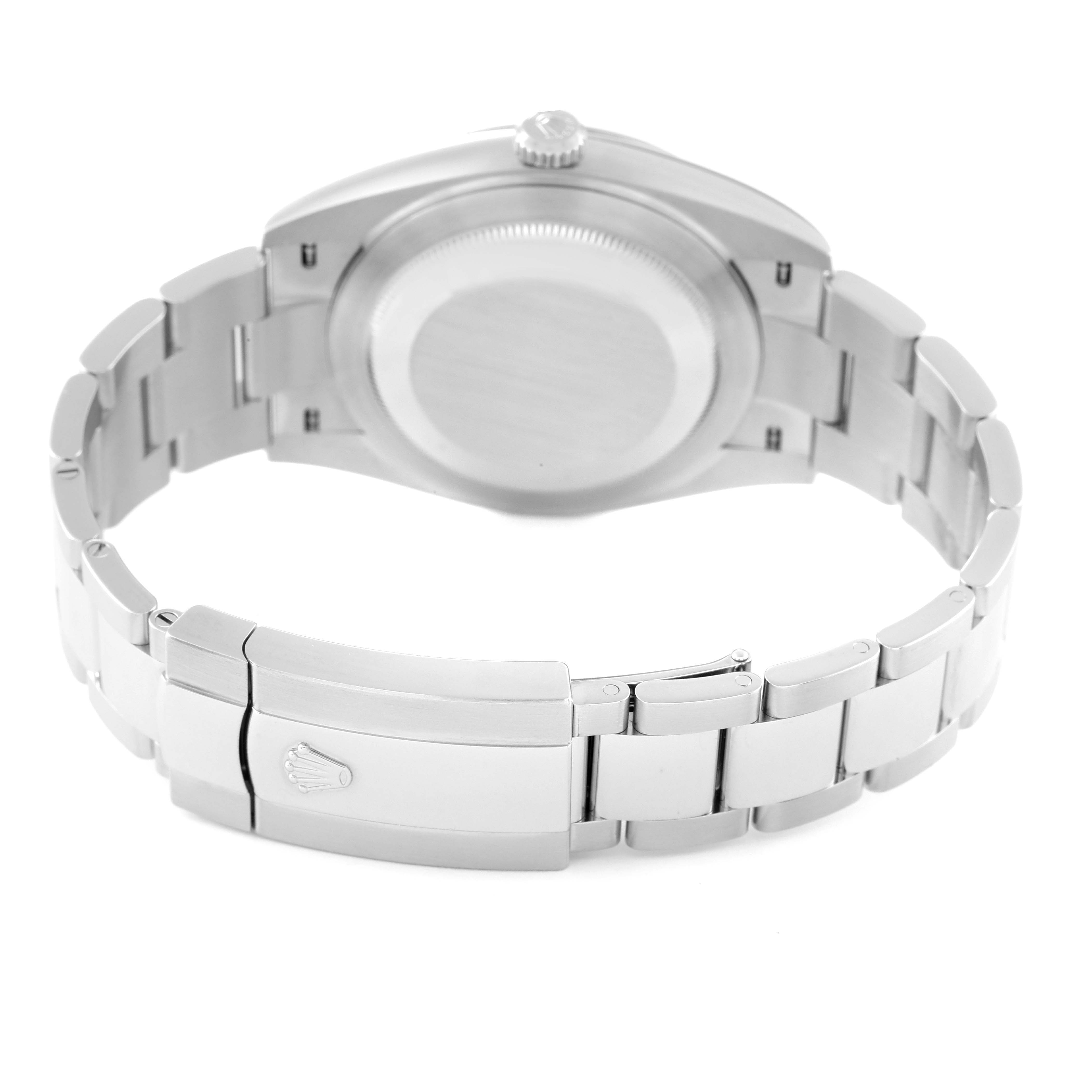 This image shows the backside and clasp of a Rolex Datejust 41 126300 Men's Stainless Steel Grey Dial 126300 Men's Stainless Steel Grey Dial watch in a slightly tilted angle.