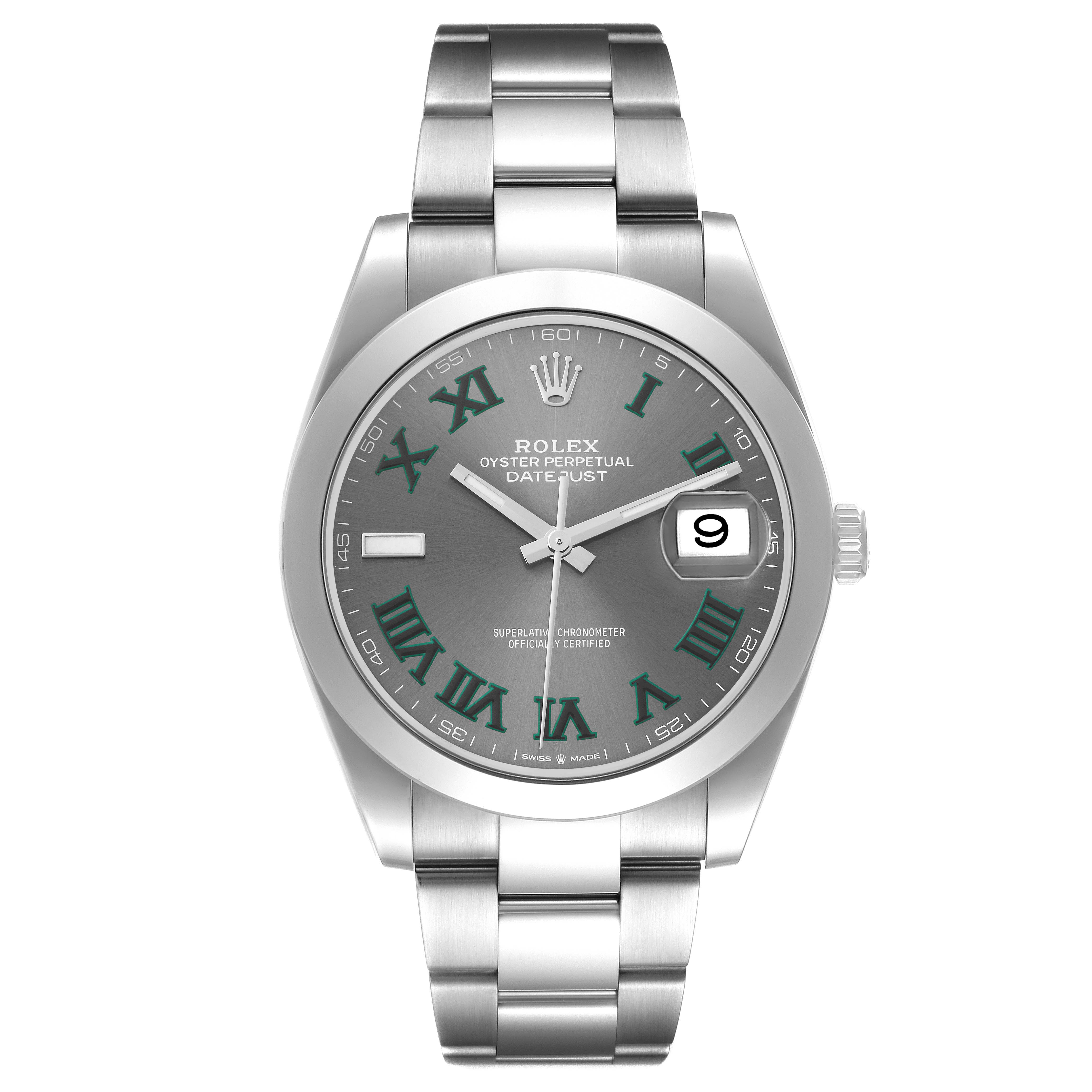 This image shows a front view of the Rolex Datejust 41 126300 Men's Stainless Steel Grey Dial 126300 Men's Stainless Steel Grey Dial watch, highlighting its dial, hands, bracelet, and date window.