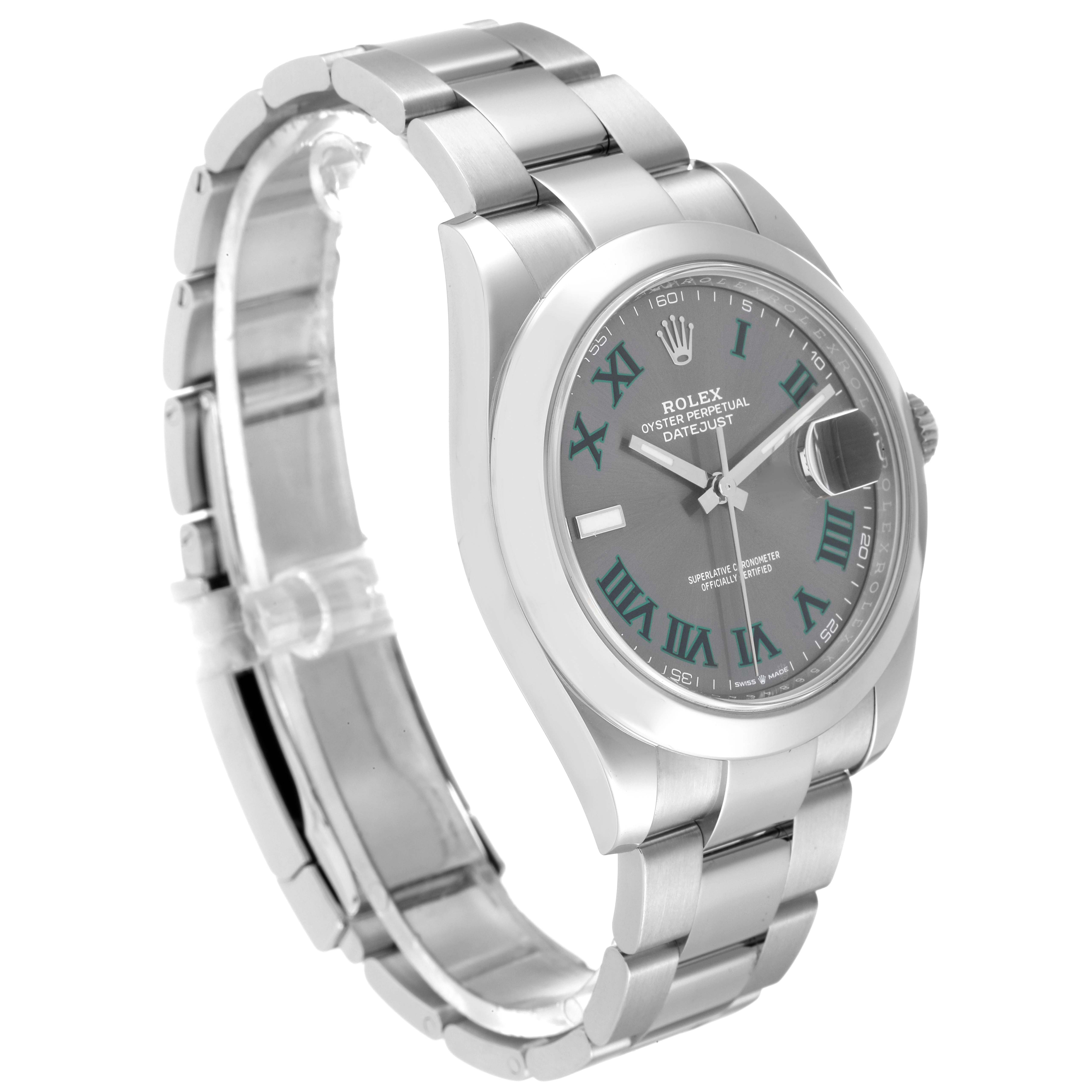 The Rolex Datejust 41 126300 Men's Stainless Steel Grey Dial 126300 Men's Stainless Steel Grey Dial watch is shown at an angle displaying the face, bezel, and bracelet.