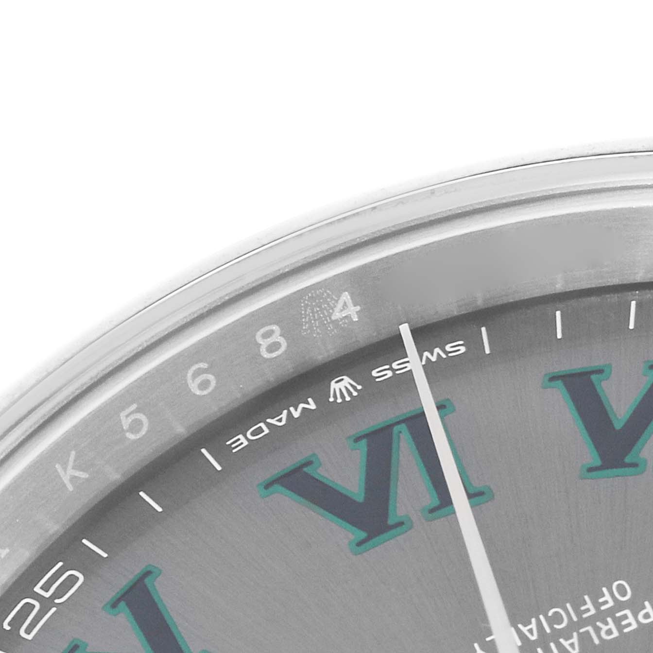 This image shows a close-up of the upper part of the dial and the rehaut of the Rolex Datejust 41 126300 Men's Stainless Steel Grey Dial 126300 Men's Stainless Steel Grey Dial watch.