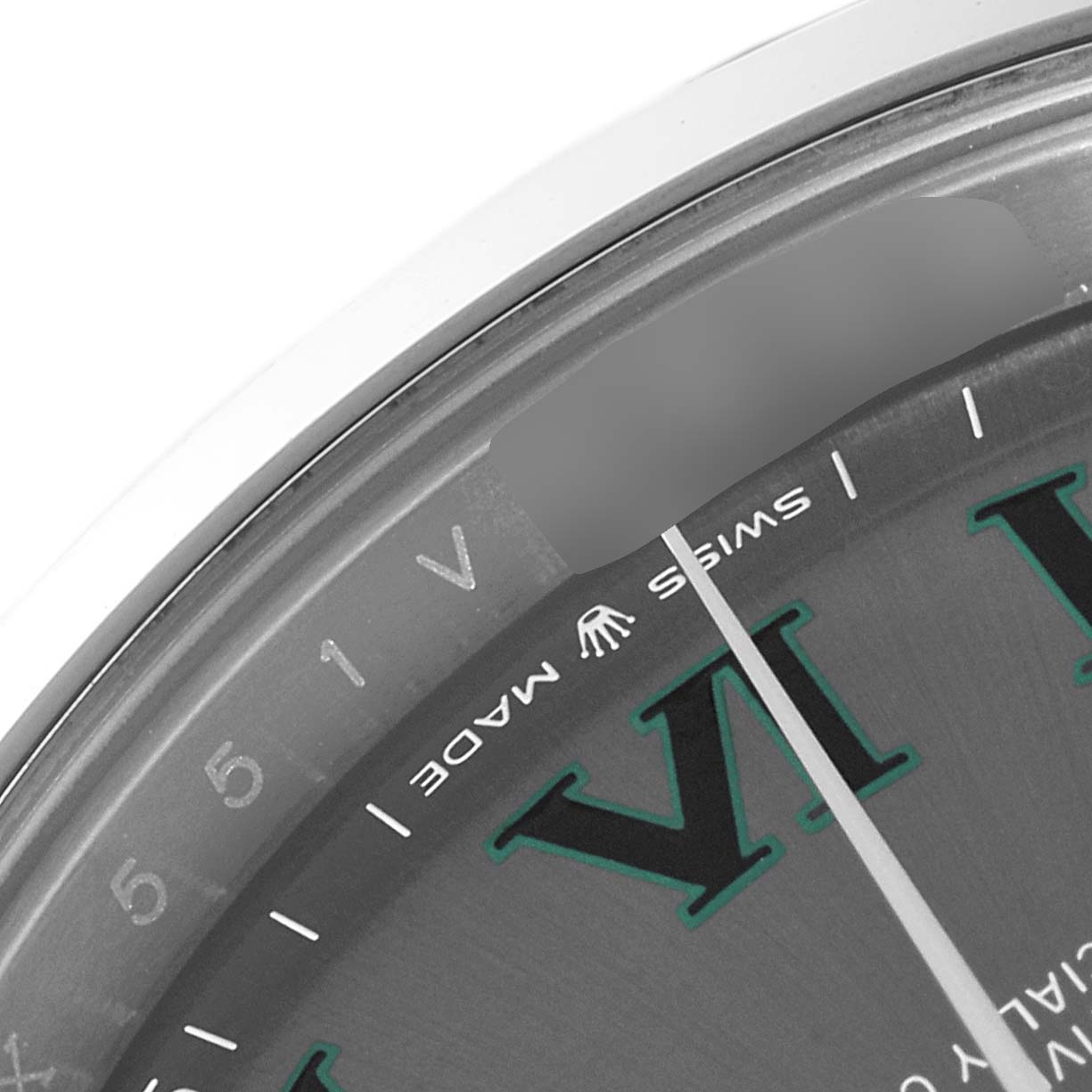 The image shows a close-up of the dial and markers on the Rolex Datejust 41 126300 Men's Stainless Steel Grey Dial 126300 Men's Stainless Steel Grey Dial watch, highlighting Roman numerals and "SWISS MADE".