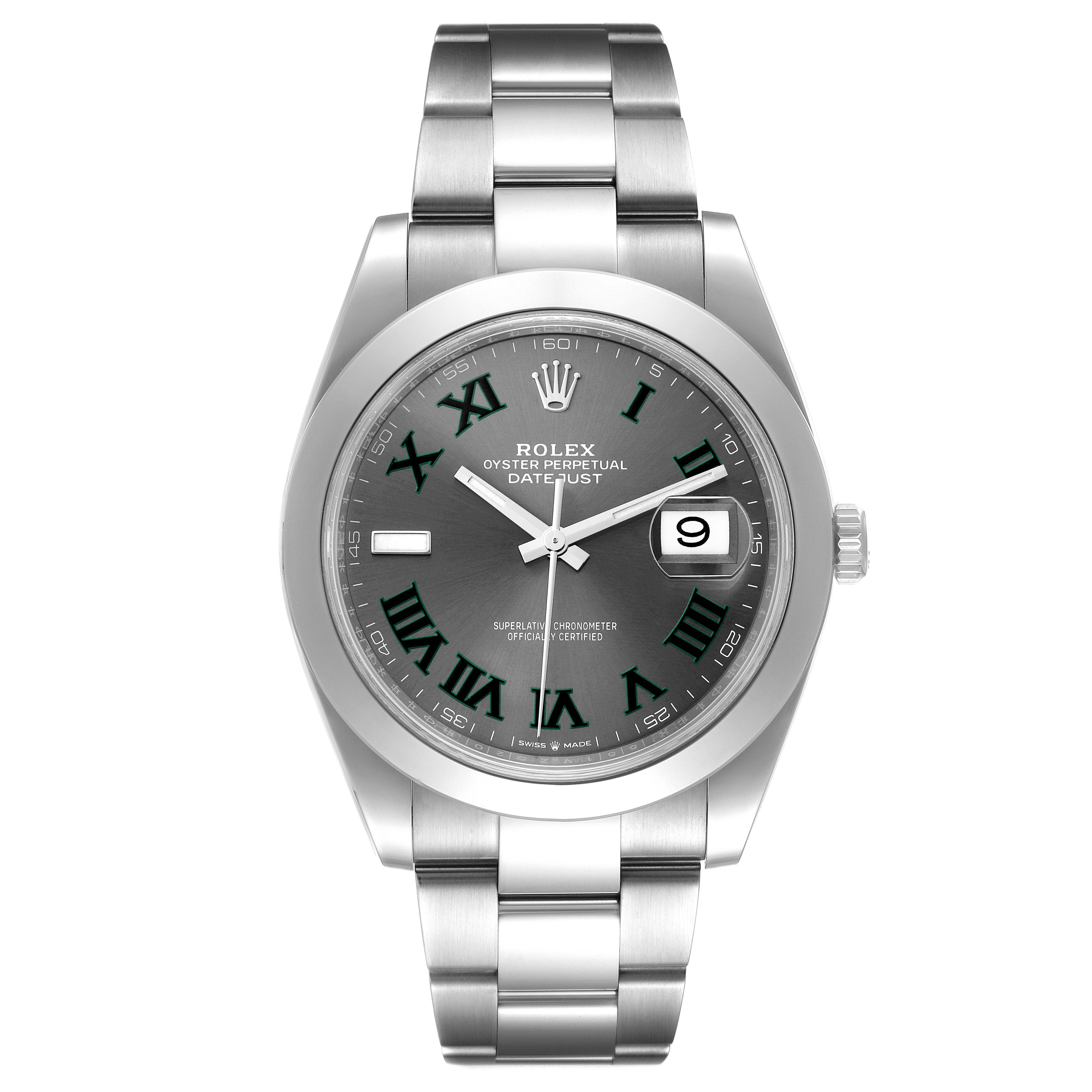 This image shows the front view of a Rolex Datejust 41 126300 Men's Stainless Steel Grey Dial 126300 Men's Stainless Steel Grey Dial model, highlighting its dial, bracelet, and bezel.