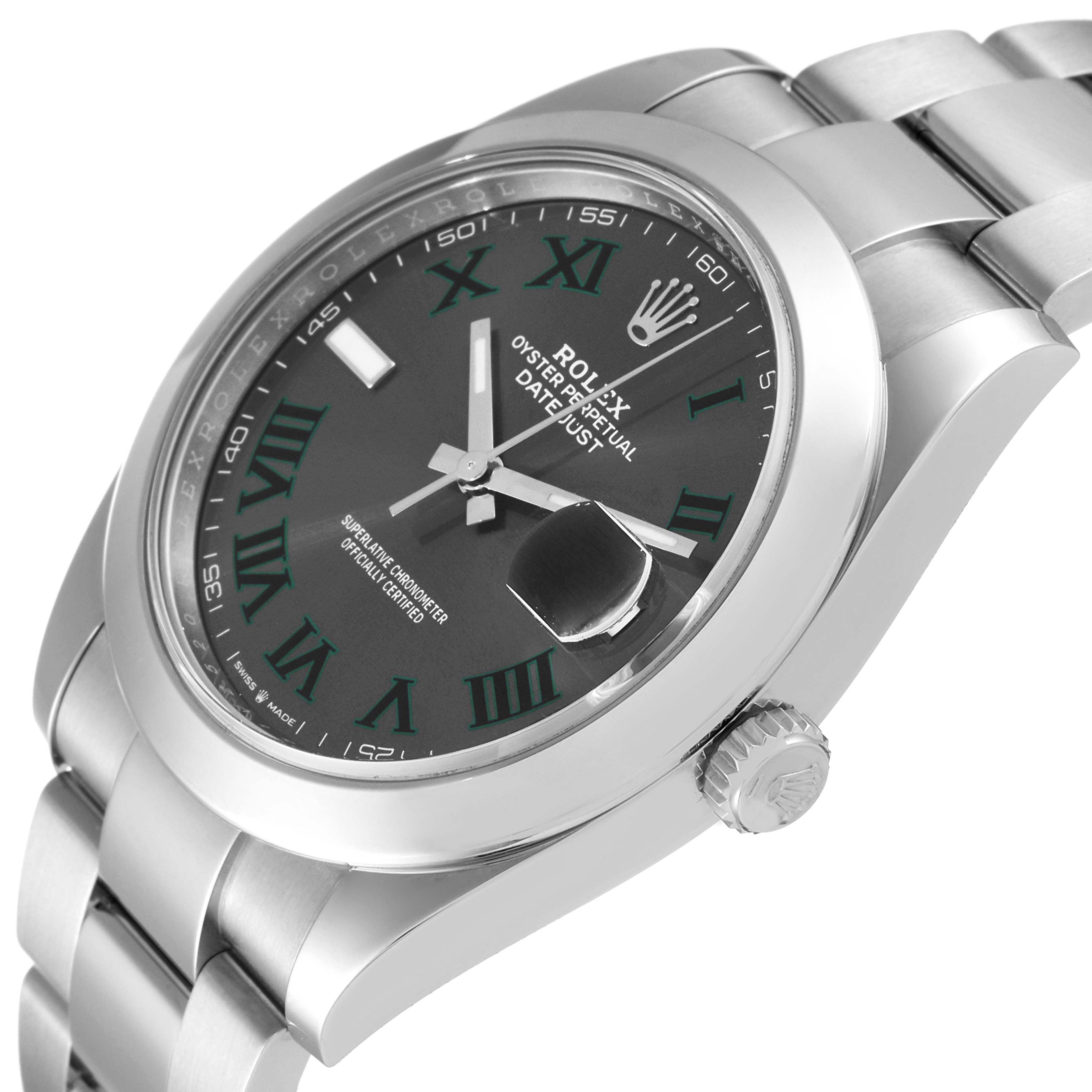 This image shows a close-up angle of the Rolex Datejust 41 126300 Men's Stainless Steel Grey Dial 126300 Men's Stainless Steel Grey Dial watch, highlighting the dial, crown, and part of the bracelet.