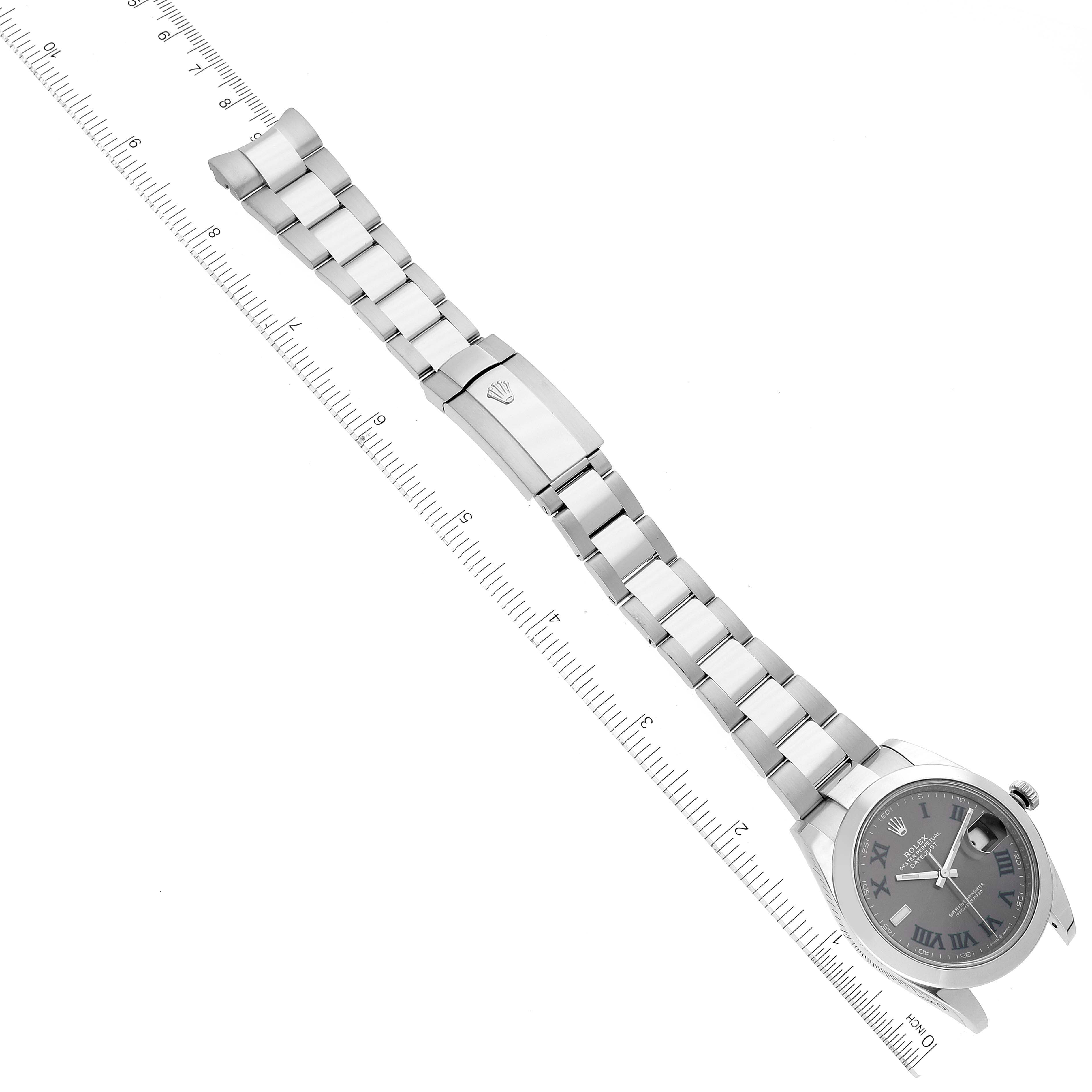The image shows a Rolex Datejust 41 126300 Men's Stainless Steel Grey Dial 126300 Men's Stainless Steel Grey Dial watch lying flat with the full bracelet and clasp visible, alongside a measuring ruler.