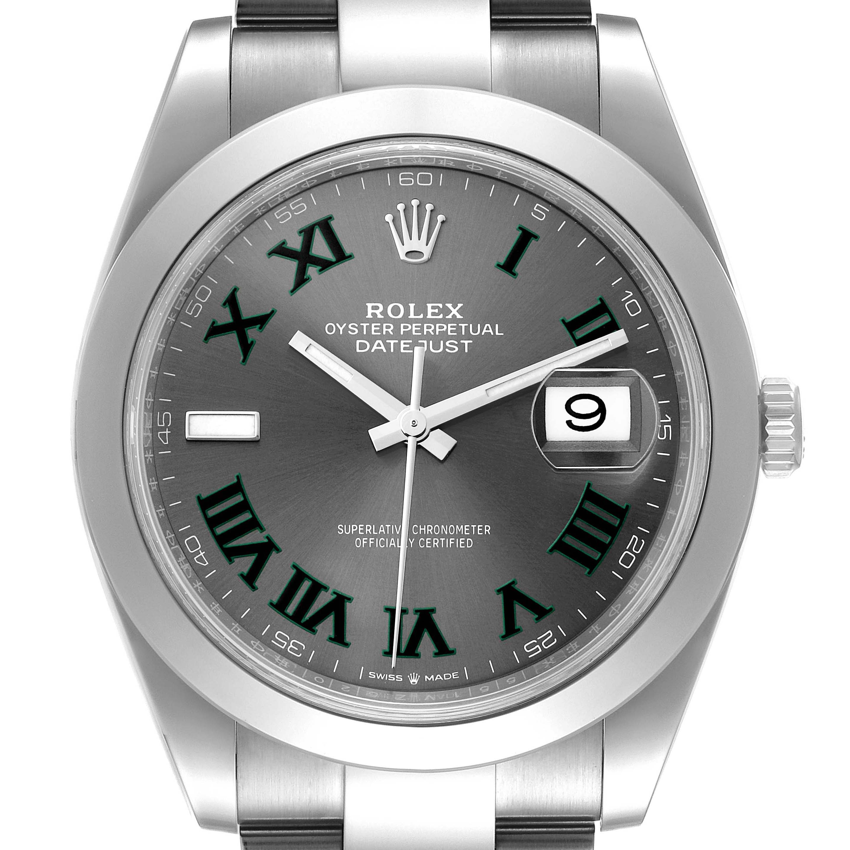 The Rolex Datejust 41 126300 Men's Stainless Steel Grey Dial 126300 Men's Stainless Steel Grey Dial watch is shown from a front angle, highlighting its dial, hands, Roman numerals, and date window.