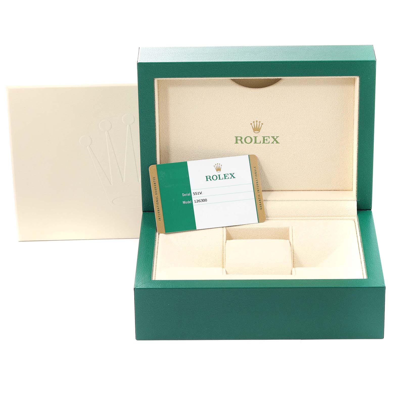 The image shows the open green box and warranty card for a Rolex Datejust 41 126300 Men's Stainless Steel Grey Dial 126300 Men's Stainless Steel Grey Dial model.