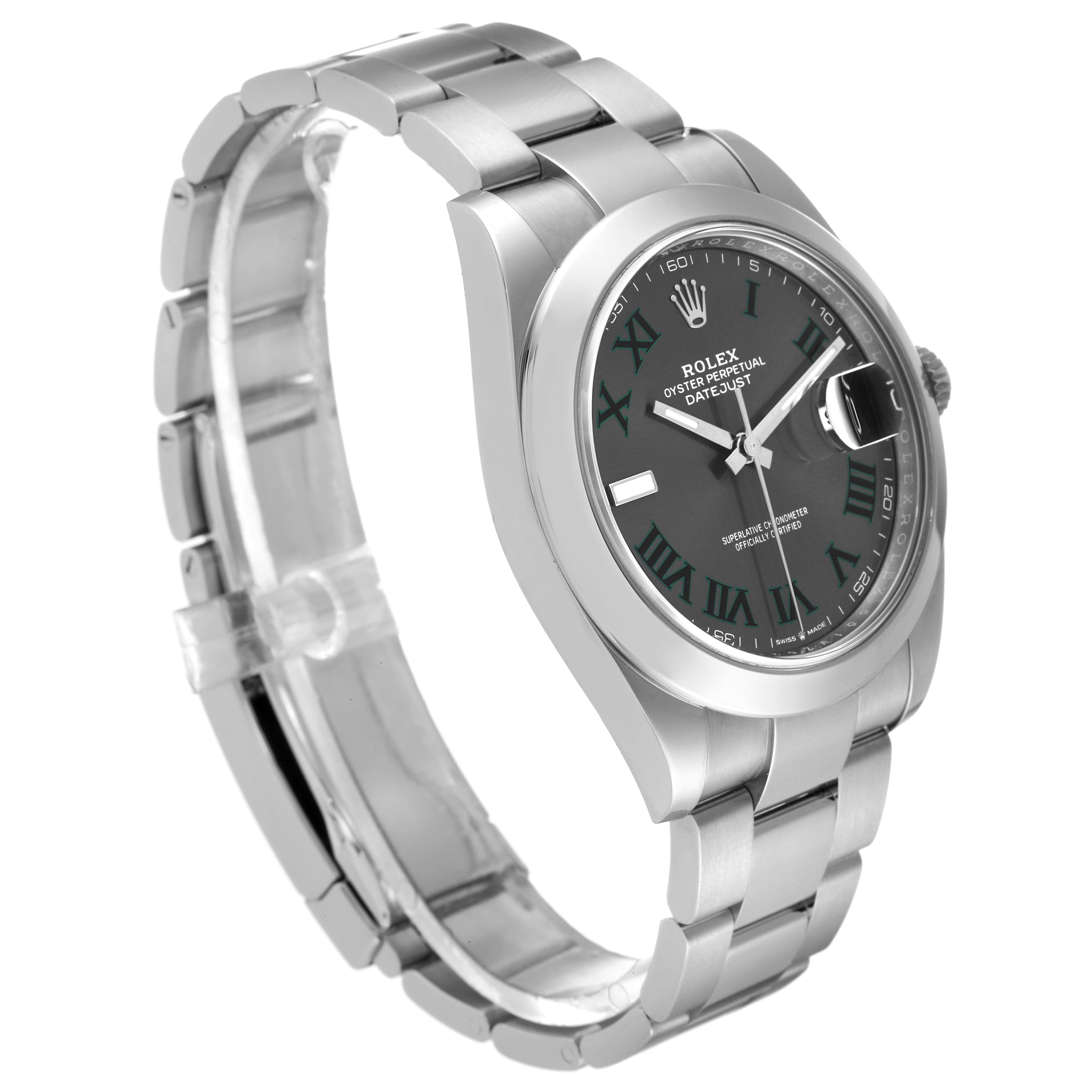 The Rolex Datejust 41 126300 Men's Stainless Steel Grey Dial 126300 Men's Stainless Steel Grey Dial watch is shown at a 3/4 angle featuring the bracelet, case, dial, and crown.