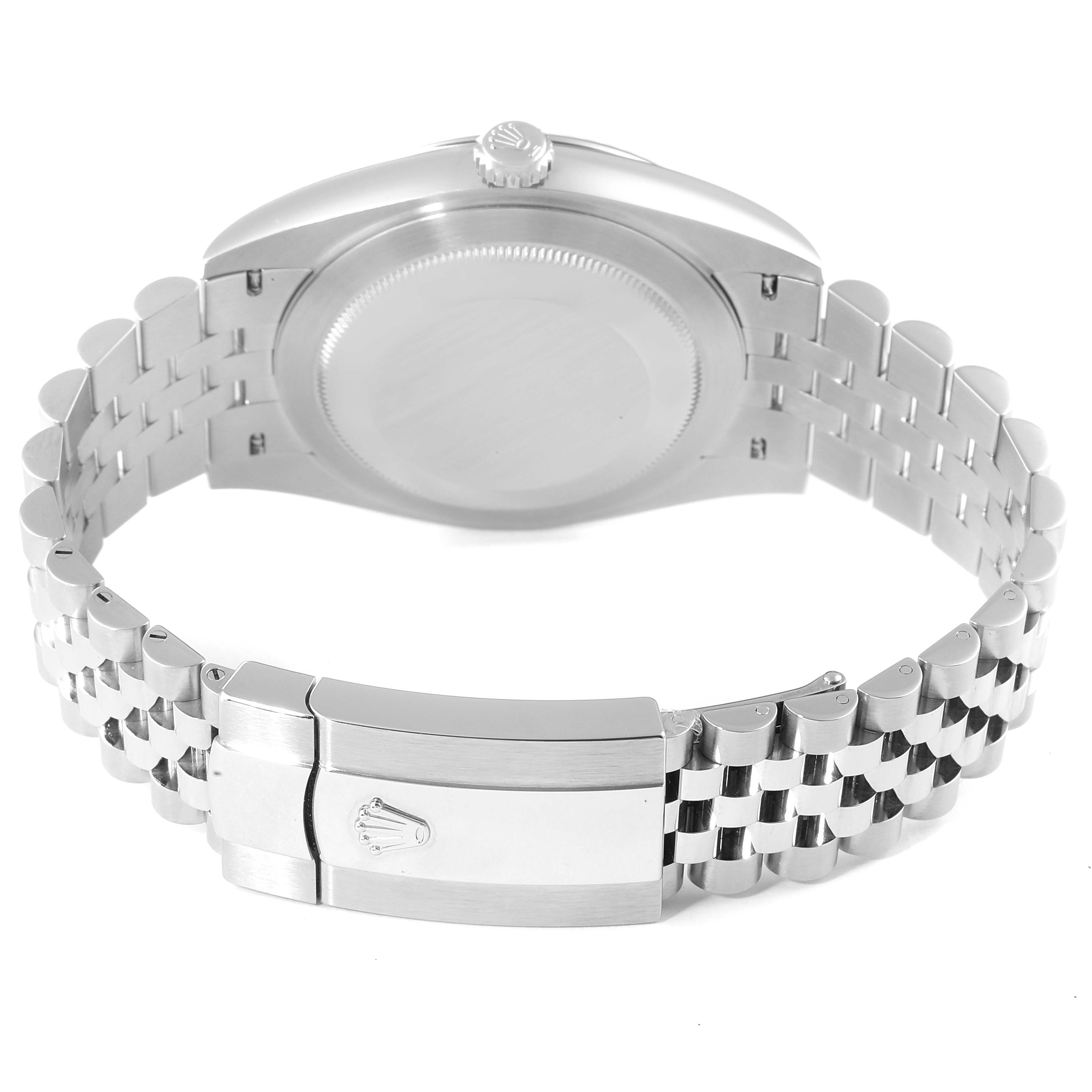This image shows the backside and bracelet clasp of a Rolex Datejust 41 126334 Men
s Stainless Steel Silver Dial 126334 Men
s Stainless Steel Silver Dial watch, highlighting the crown and Jubilee bracelet.
