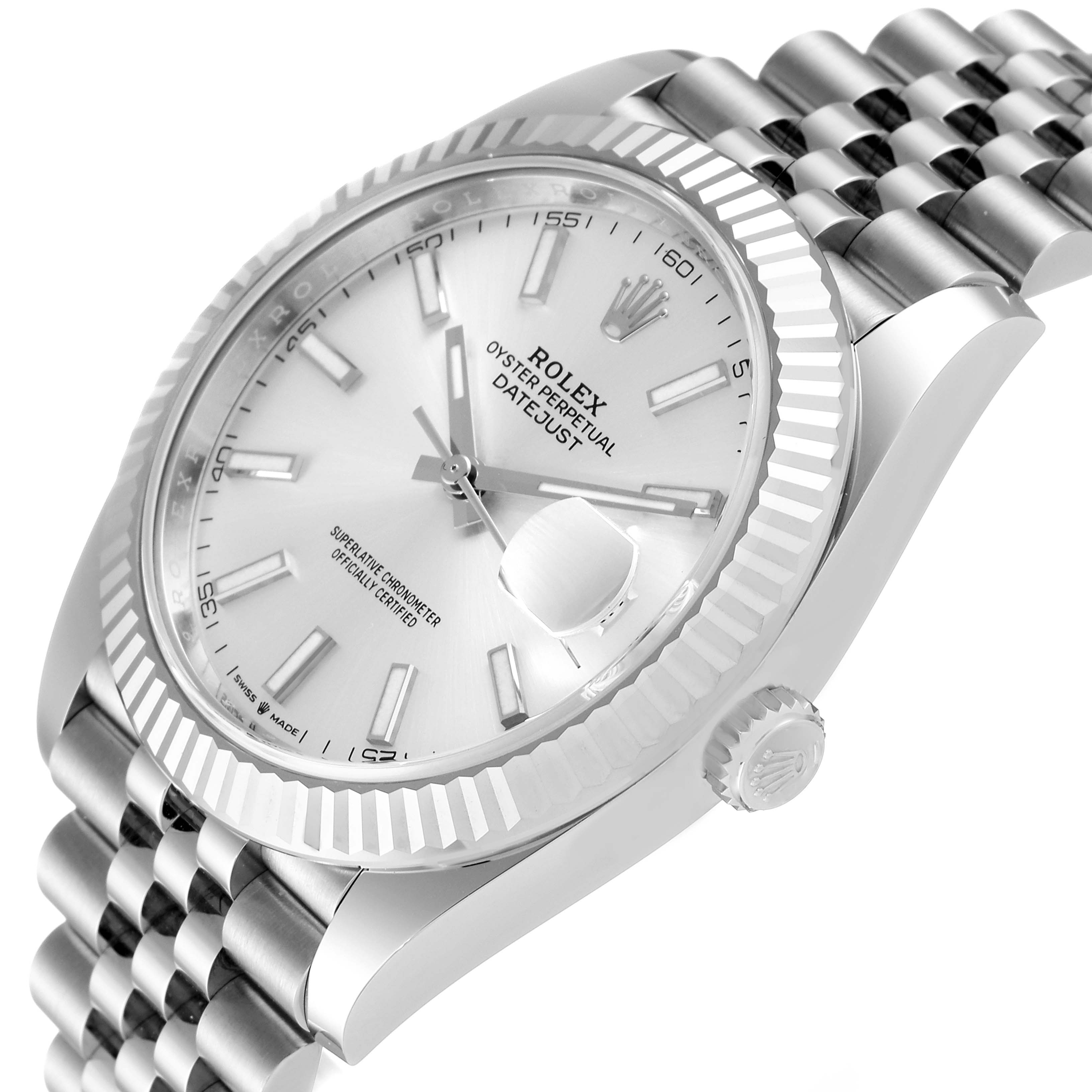 This image shows a close-up side angle of the Rolex Datejust 41 126334 Men
s Stainless Steel Silver Dial 126334 Men
s Stainless Steel Silver Dial watch, highlighting the dial, bezel, crown, and part of the bracelet.