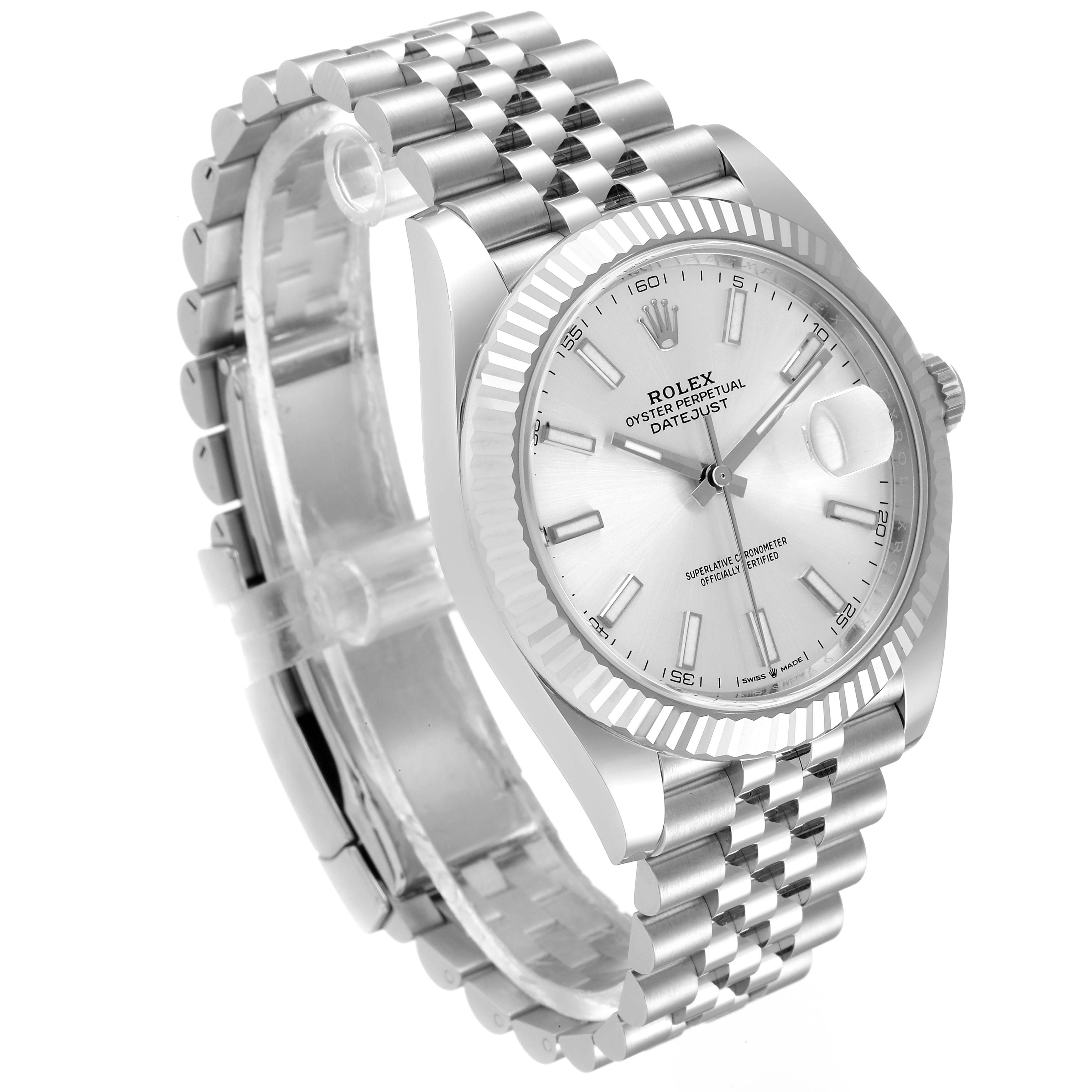 The image shows a Rolex Datejust 41 126334 Men
s Stainless Steel Silver Dial 126334 Men
s Stainless Steel Silver Dial watch with a silver dial and fluted bezel, angled to display the face and bracelet.