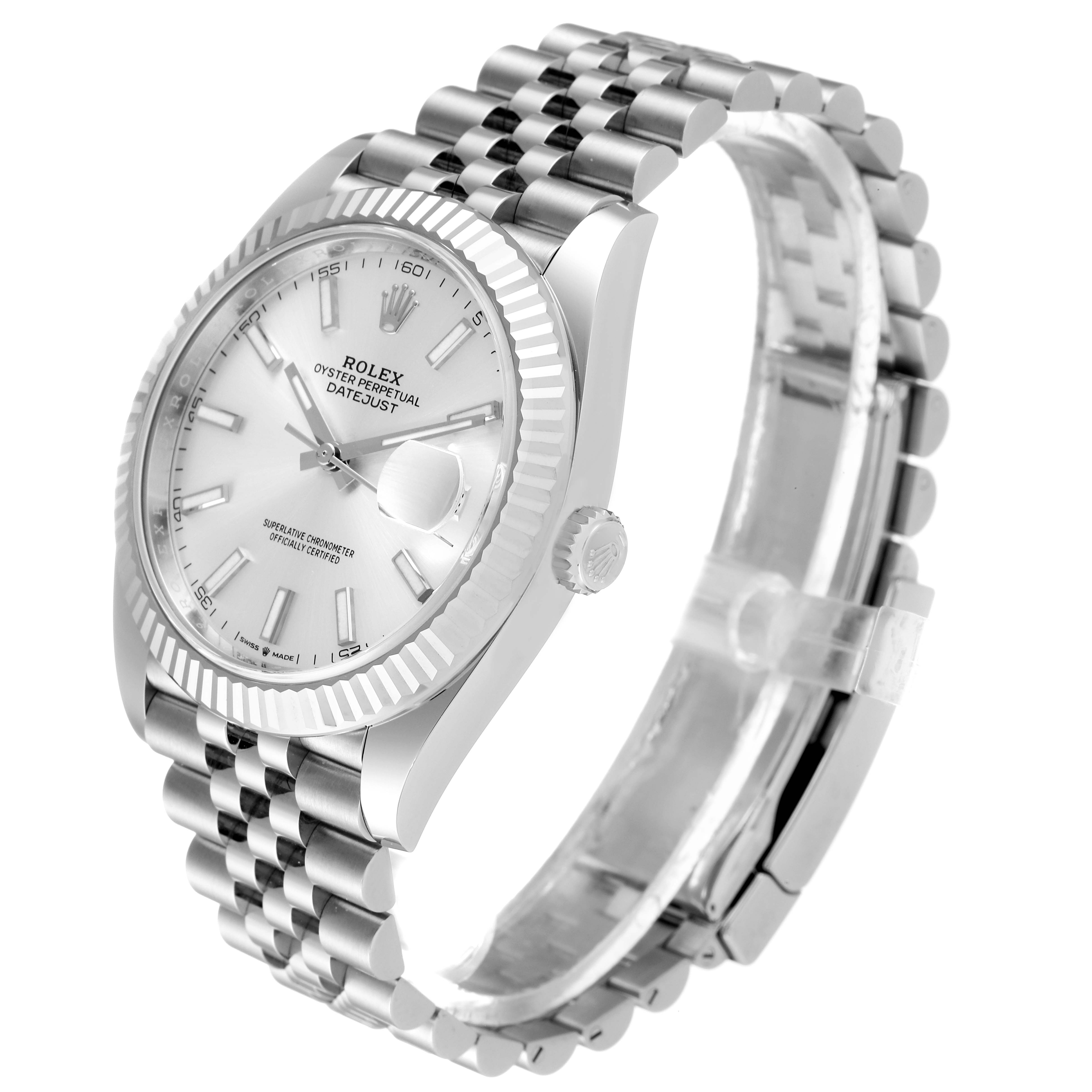 The image shows a side angle of the Rolex Datejust 41 126334 Men
s Stainless Steel Silver Dial 126334 Men
s Stainless Steel Silver Dial watch, displaying its face, crown, and bracelet.