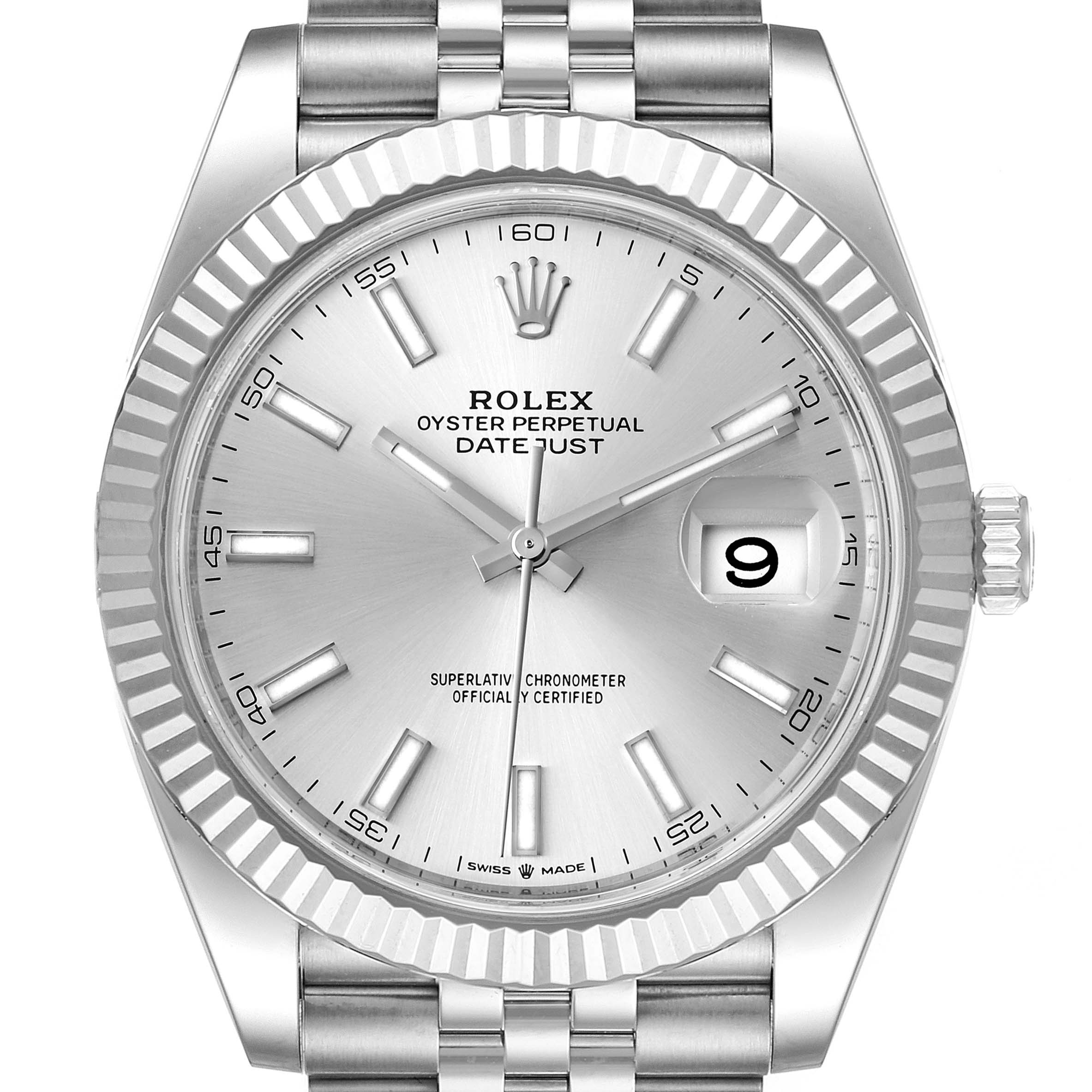 The image shows a front view of the Rolex Datejust 41 126334 Men
s Stainless Steel Silver Dial 126334 Men
s Stainless Steel Silver Dial watch, highlighting its dial, hands, date window, and bracelet.