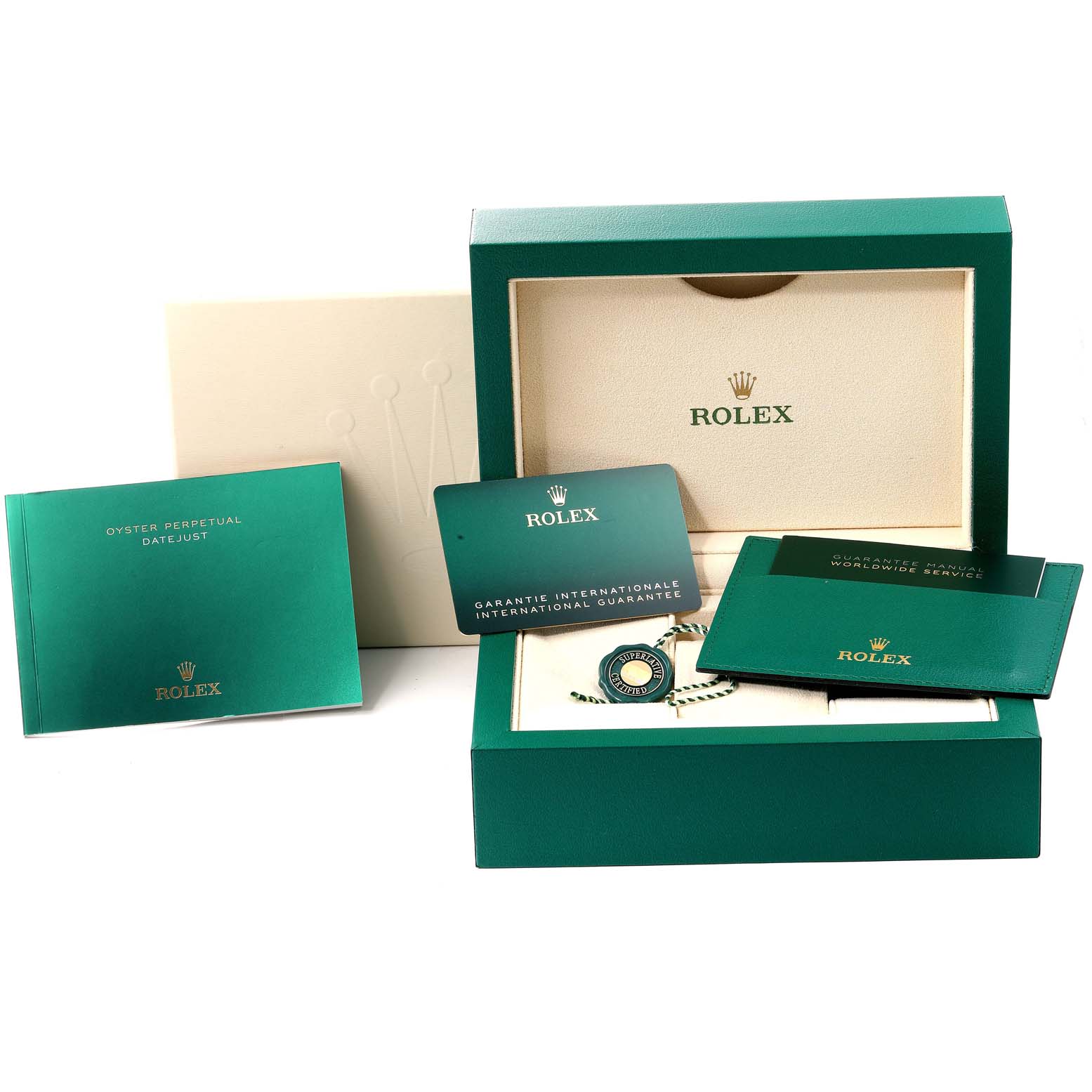 The image shows the packaging and accessories of a Rolex Datejust 41 126334 Men
s Stainless Steel Silver Dial 126334 Men
s Stainless Steel Silver Dial, including the box, manual, guarantee card, and tag.