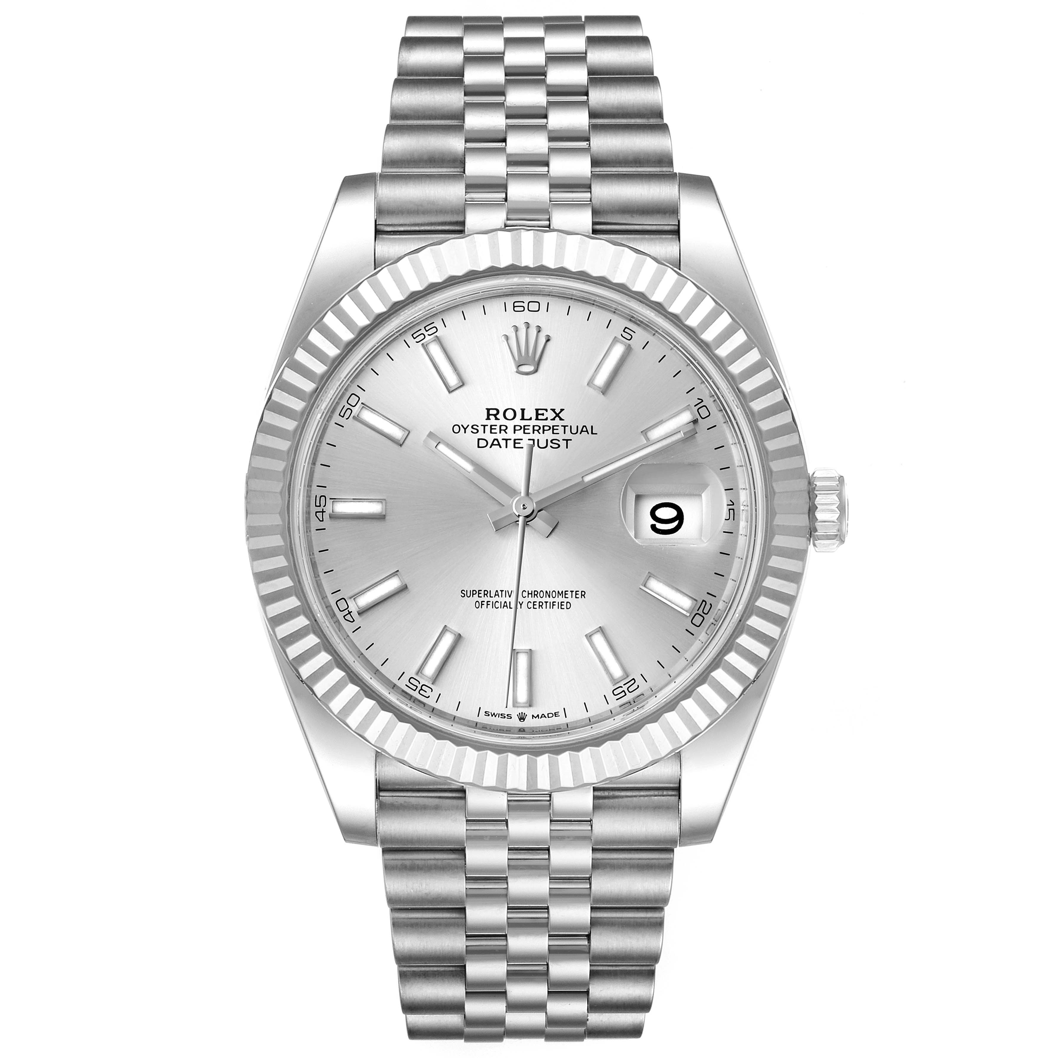 The Rolex Datejust 41 126334 Men
s Stainless Steel Silver Dial 126334 Men
s Stainless Steel Silver Dial watch is shown from a front angle, displaying its dial, bezel, and bracelet.