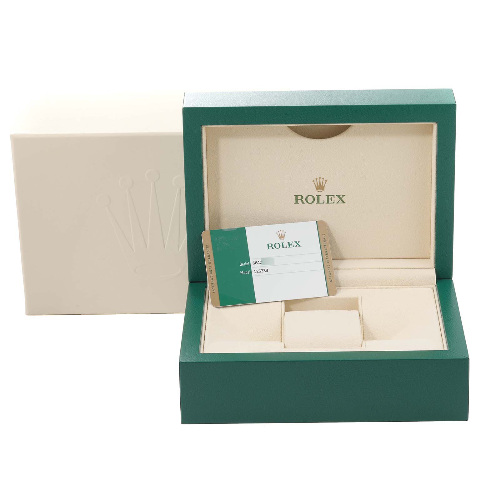 This image shows the box and warranty card for a Rolex Datejust 41 126333 Men's Steel and Gold (two tone) White Dial 126333 Men's Steel and Gold (two tone) White Dial model, with the box open to display the interior.
