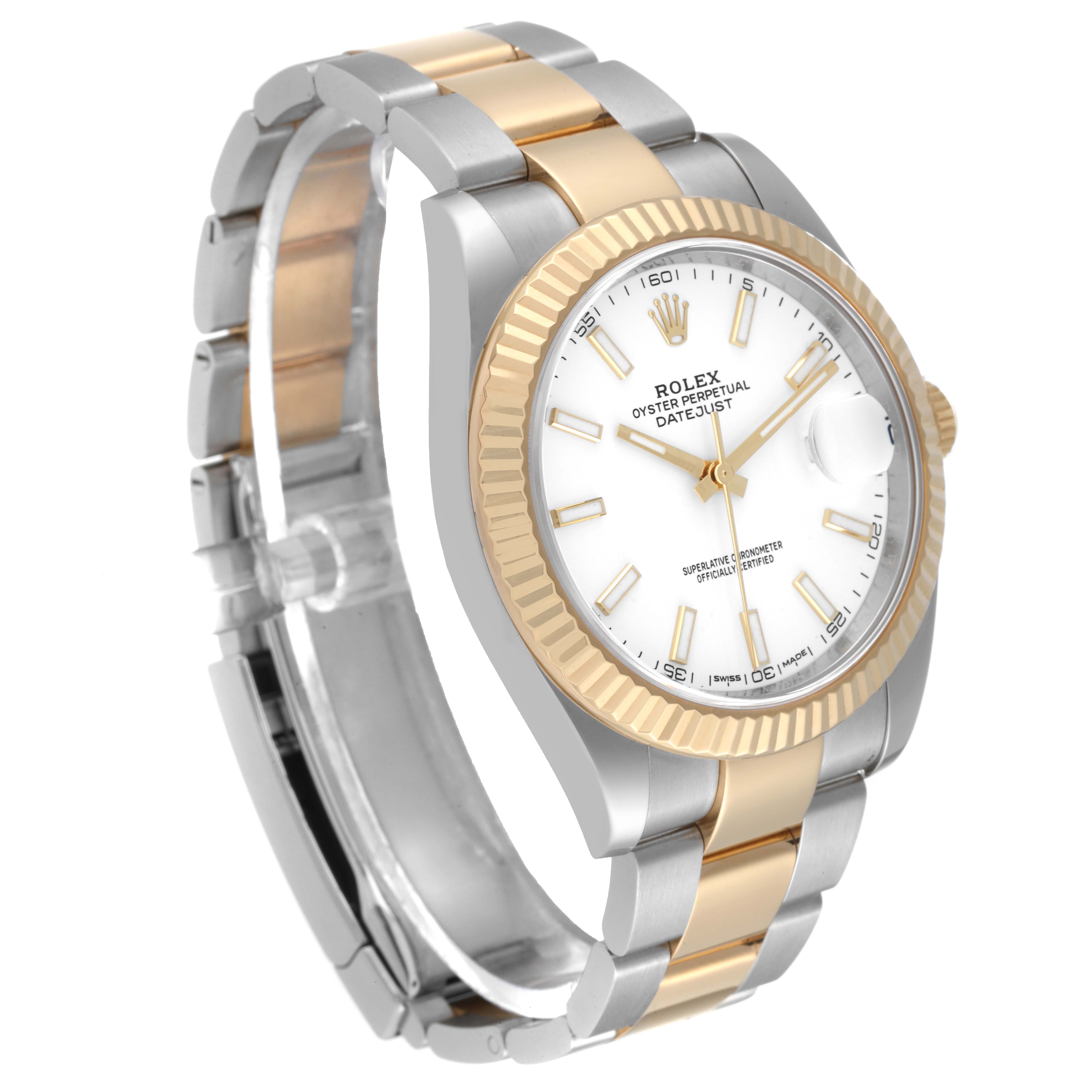 The image shows a Rolex Datejust 41 126333 Men's Steel and Gold (two tone) White Dial 126333 Men's Steel and Gold (two tone) White Dial watch at an angled side view, highlighting its two-tone bracelet and fluted bezel.