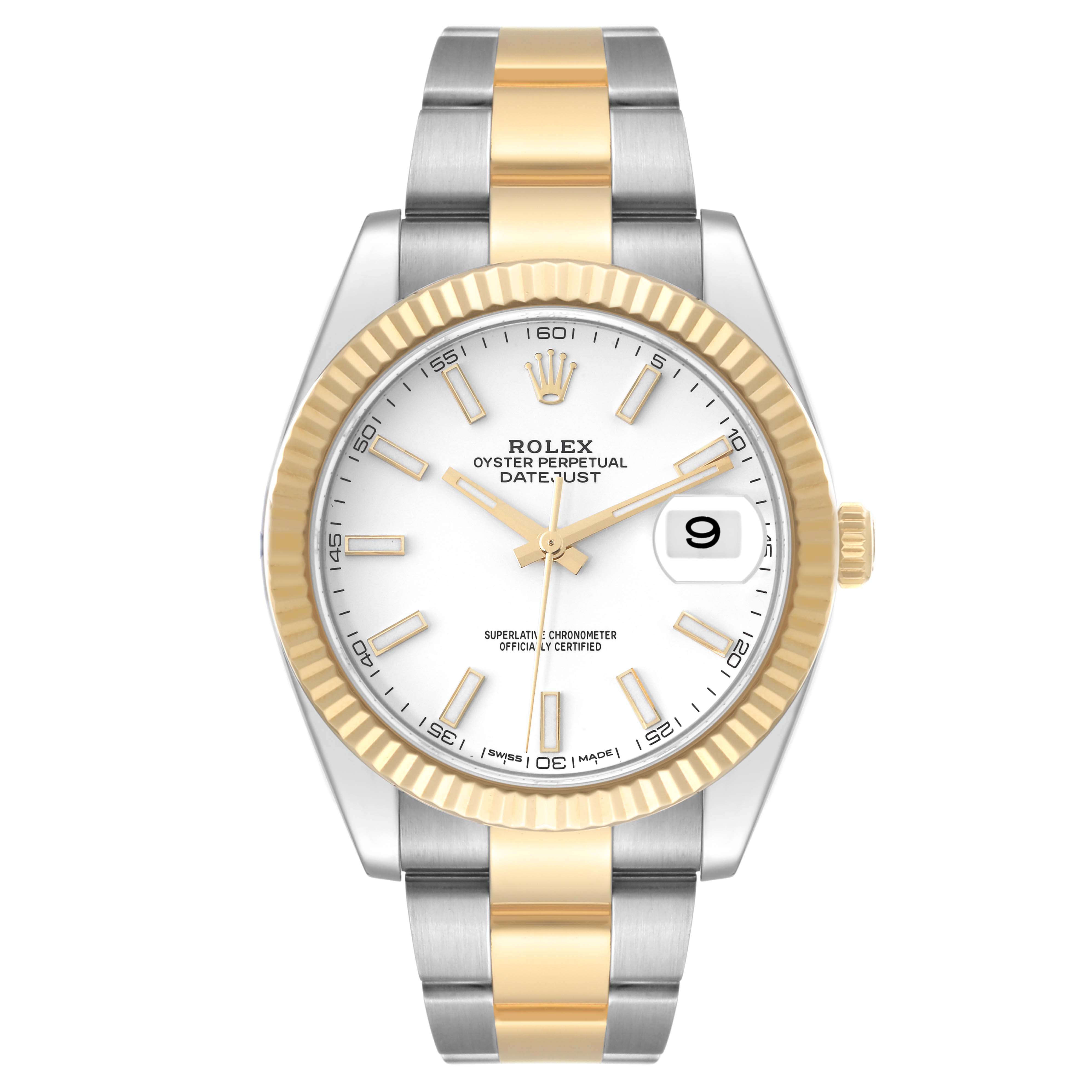 This Rolex Datejust 41 126333 Men's Steel and Gold (two tone) White Dial 126333 Men's Steel and Gold (two tone) White Dial watch is shown from a front angle, displaying its face and two-tone bracelet.
