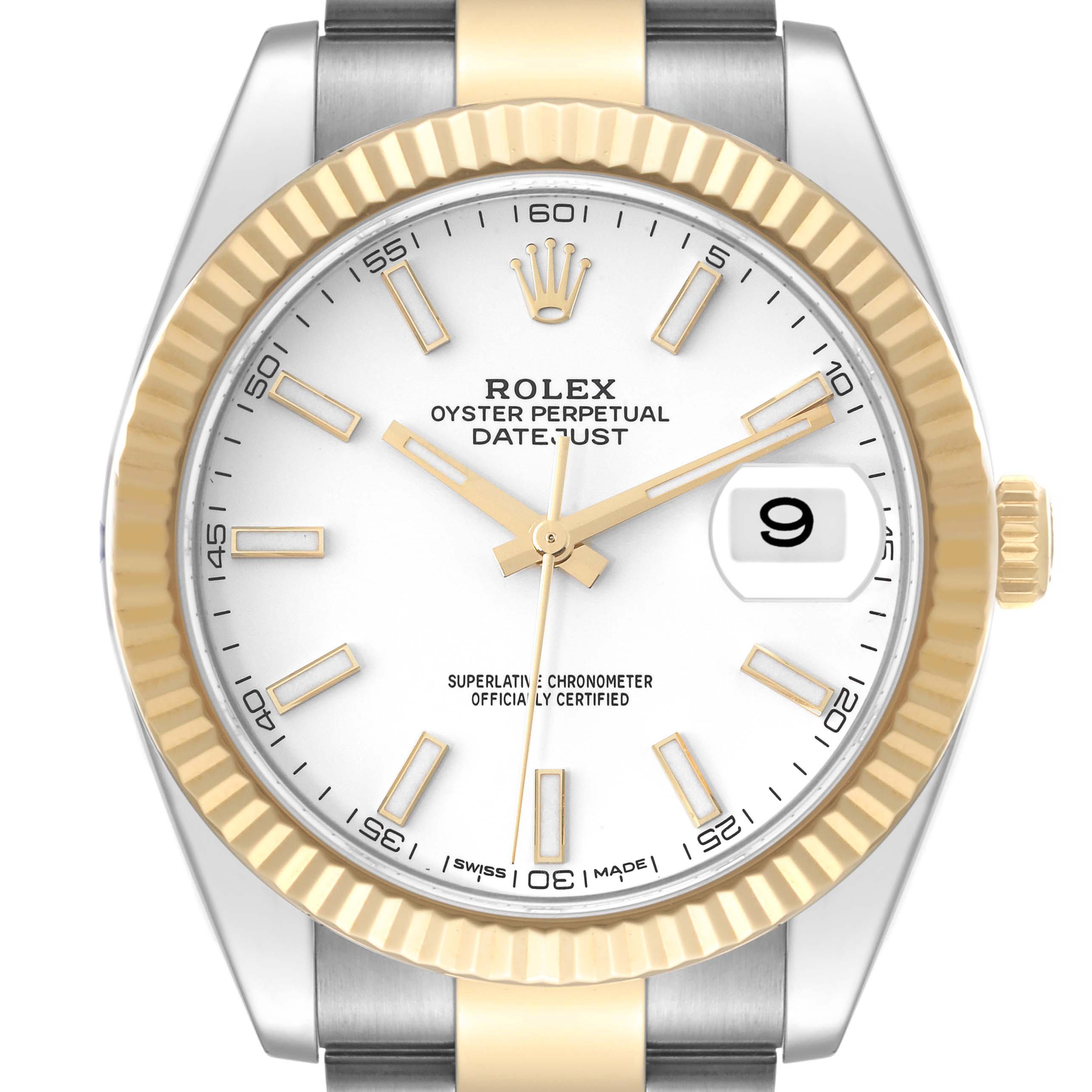 This is a front view of the Rolex Datejust 41 126333 Men's Steel and Gold (two tone) White Dial 126333 Men's Steel and Gold (two tone) White Dial, showcasing the dial, bezel, crown, hands, and part of the bracelet.