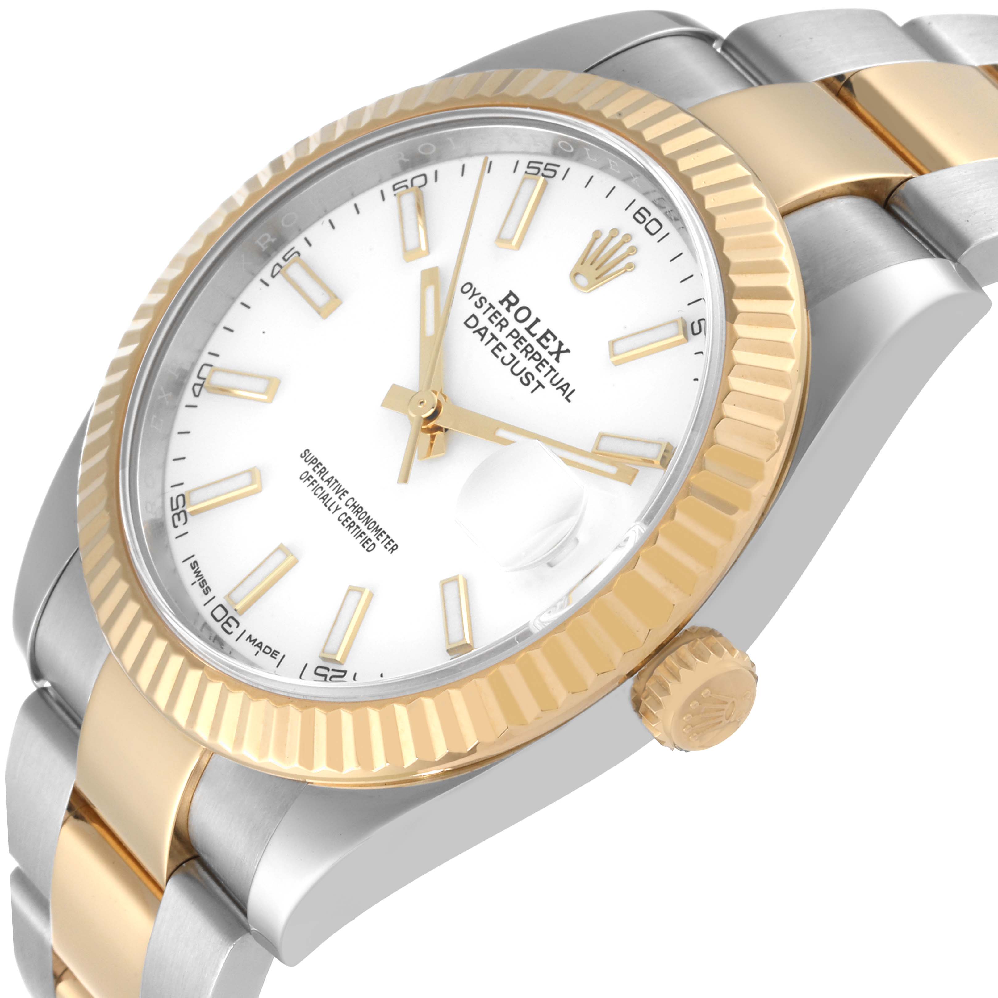 This image shows a side view and partial top view of the Rolex Datejust 41 126333 Men's Steel and Gold (two tone) White Dial 126333 Men's Steel and Gold (two tone) White Dial watch, featuring its bezel, dial, and part of the bracelet.