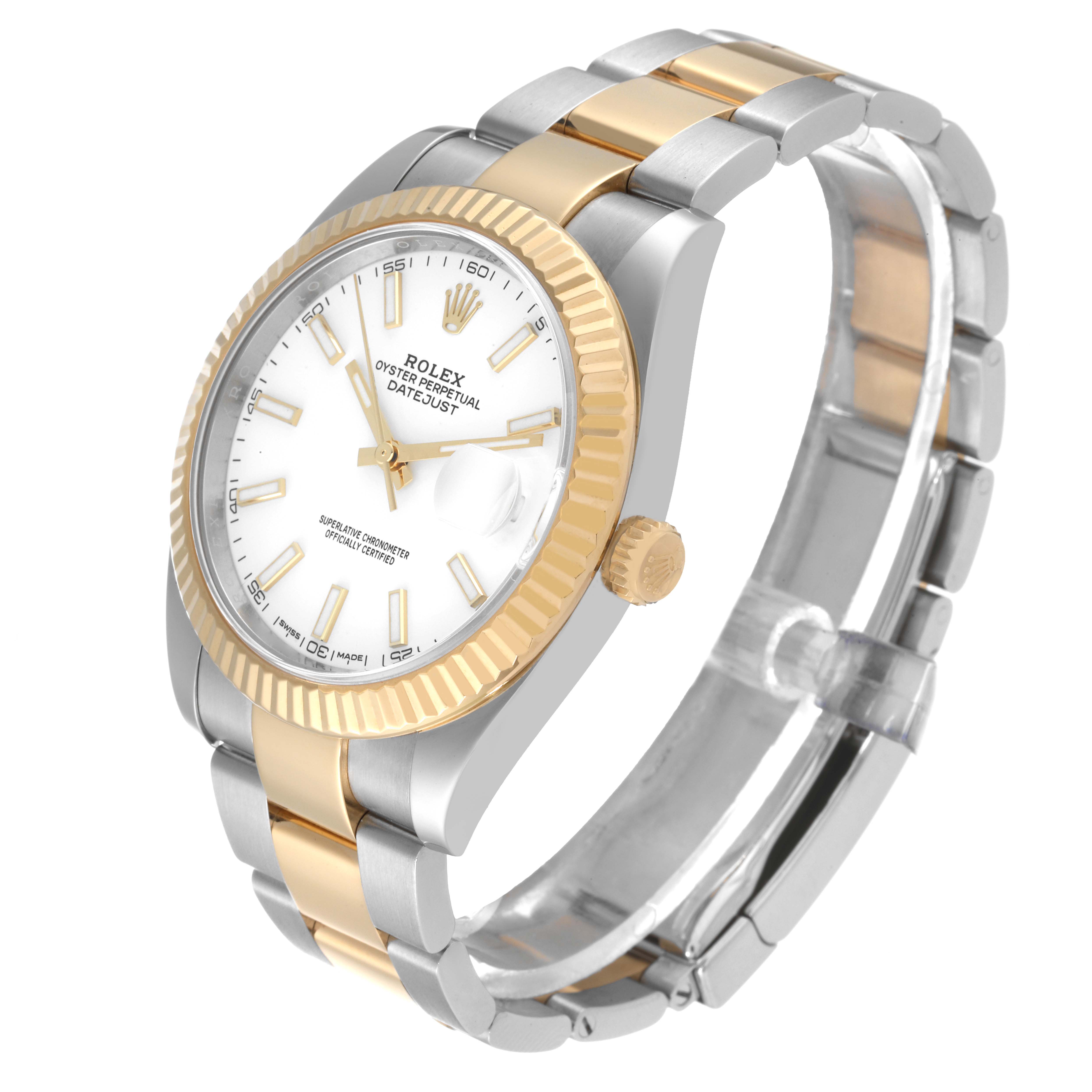 The Rolex Datejust 41 126333 Men's Steel and Gold (two tone) White Dial 126333 Men's Steel and Gold (two tone) White Dial model is shown at a three-quarter angle, highlighting the dial, fluted bezel, and two-tone bracelet.