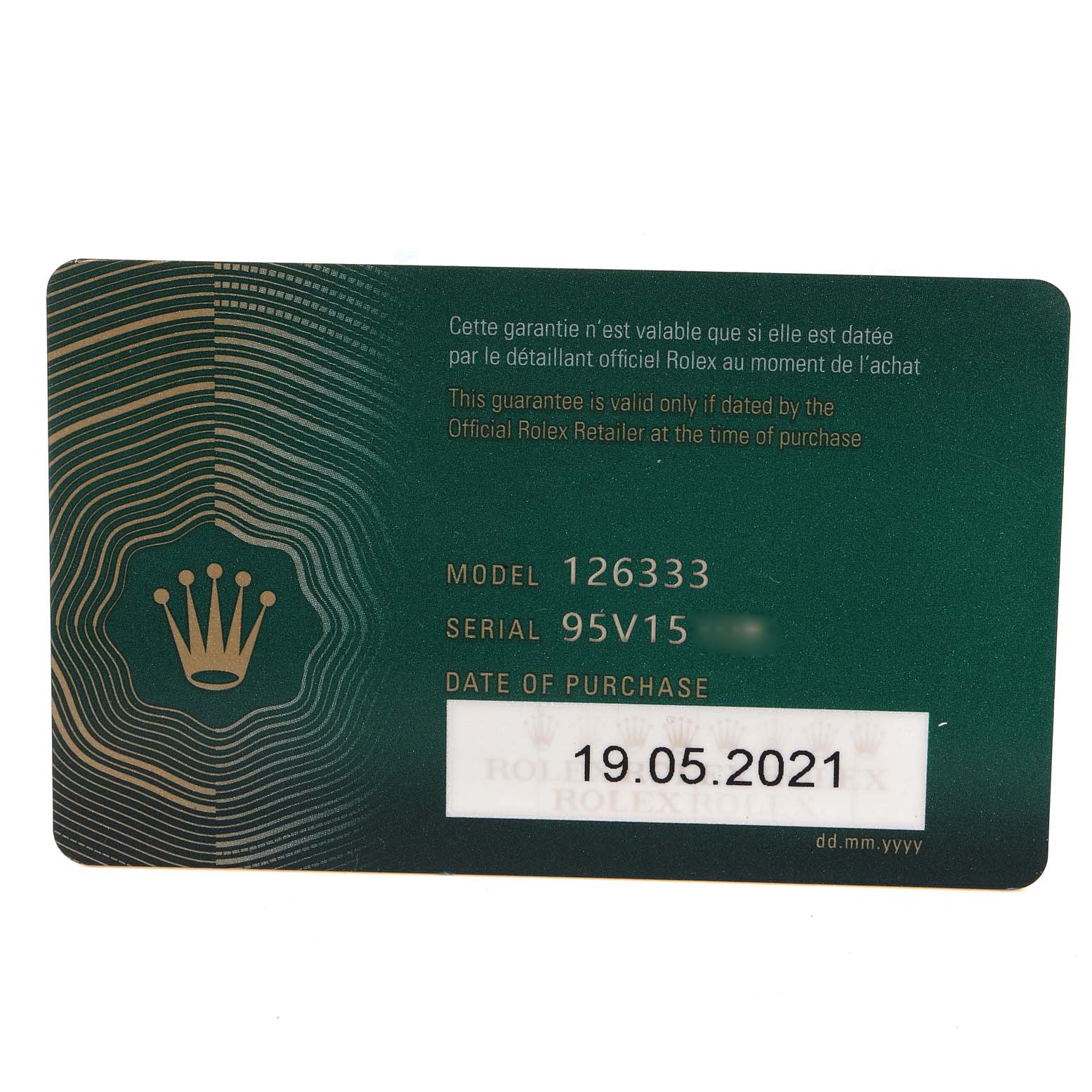 This image shows the warranty card for a Rolex Datejust 41 126333 Men's Steel and Gold (two tone) Grey Dial 126333 Men's Steel and Gold (two tone) Grey Dial model with the model number 126333.