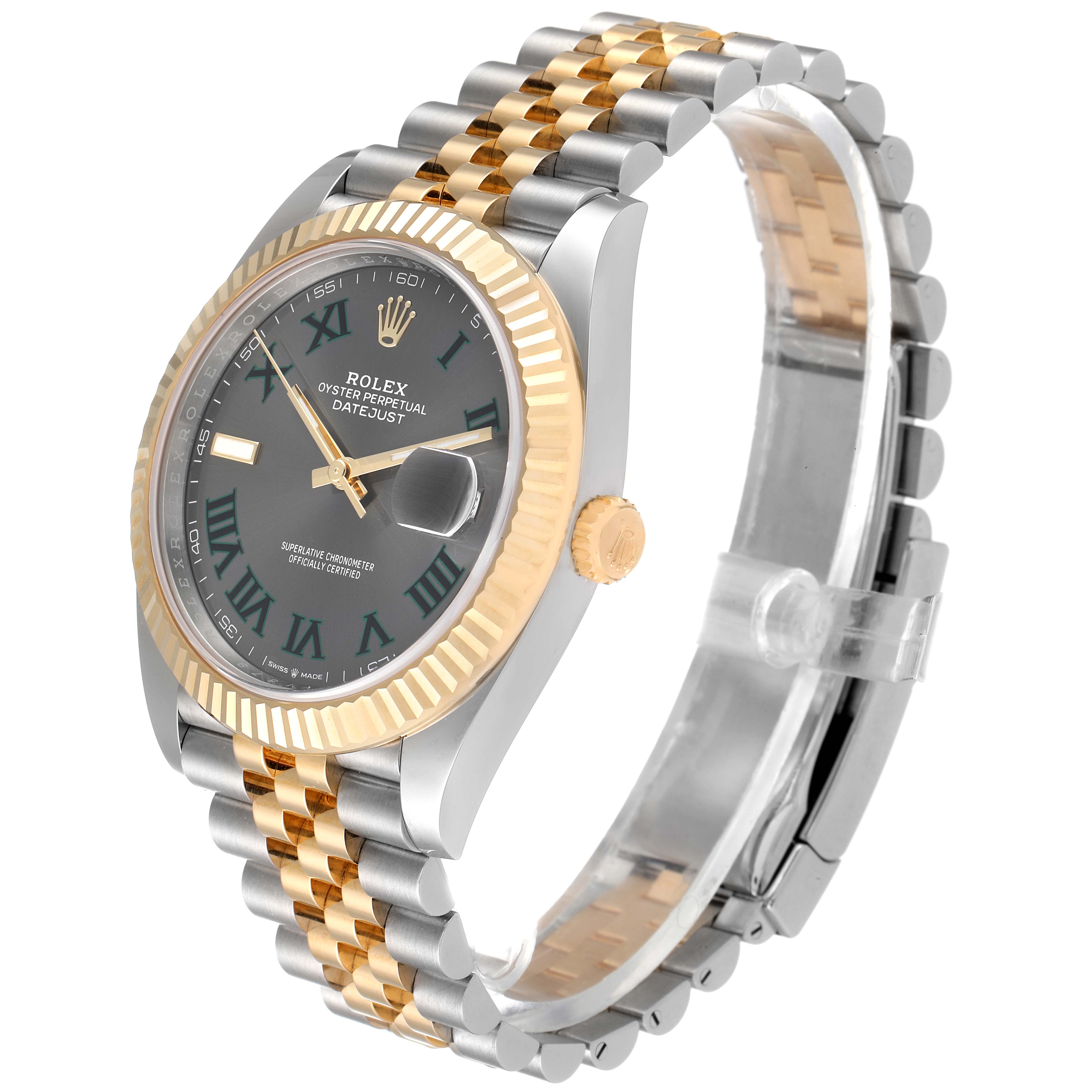This image shows a Rolex Datejust 41 126333 Men's Steel and Gold (two tone) Grey Dial 126333 Men's Steel and Gold (two tone) Grey Dial watch at a slight angle, displaying the face, bezel, and part of the bracelet.