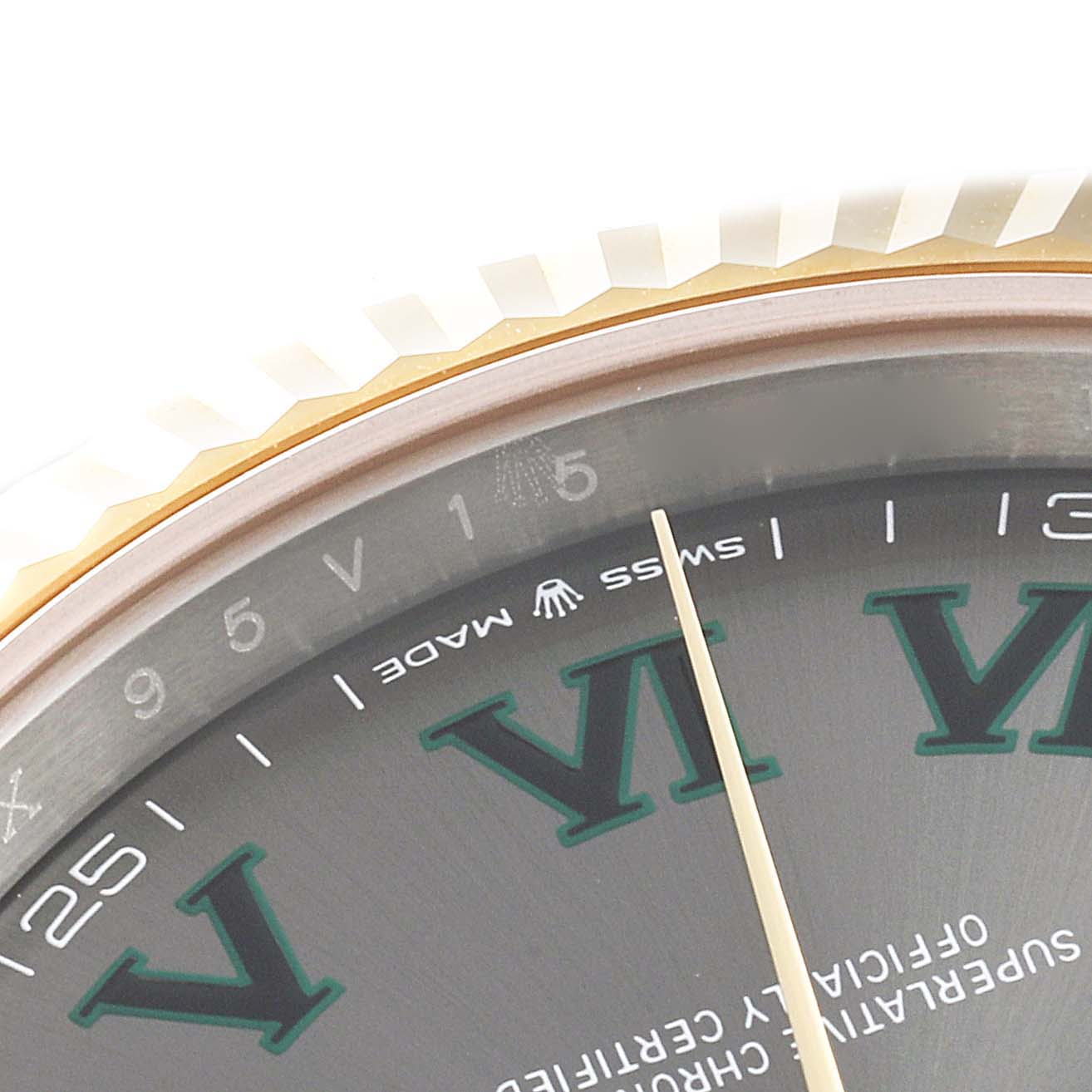 The image shows a close-up of the Rolex Datejust 41 126333 Men's Steel and Gold (two tone) Grey Dial 126333 Men's Steel and Gold (two tone) Grey Dial model's dial, highlighting the bezel, Roman numerals, and the "SWISS MADE" text.