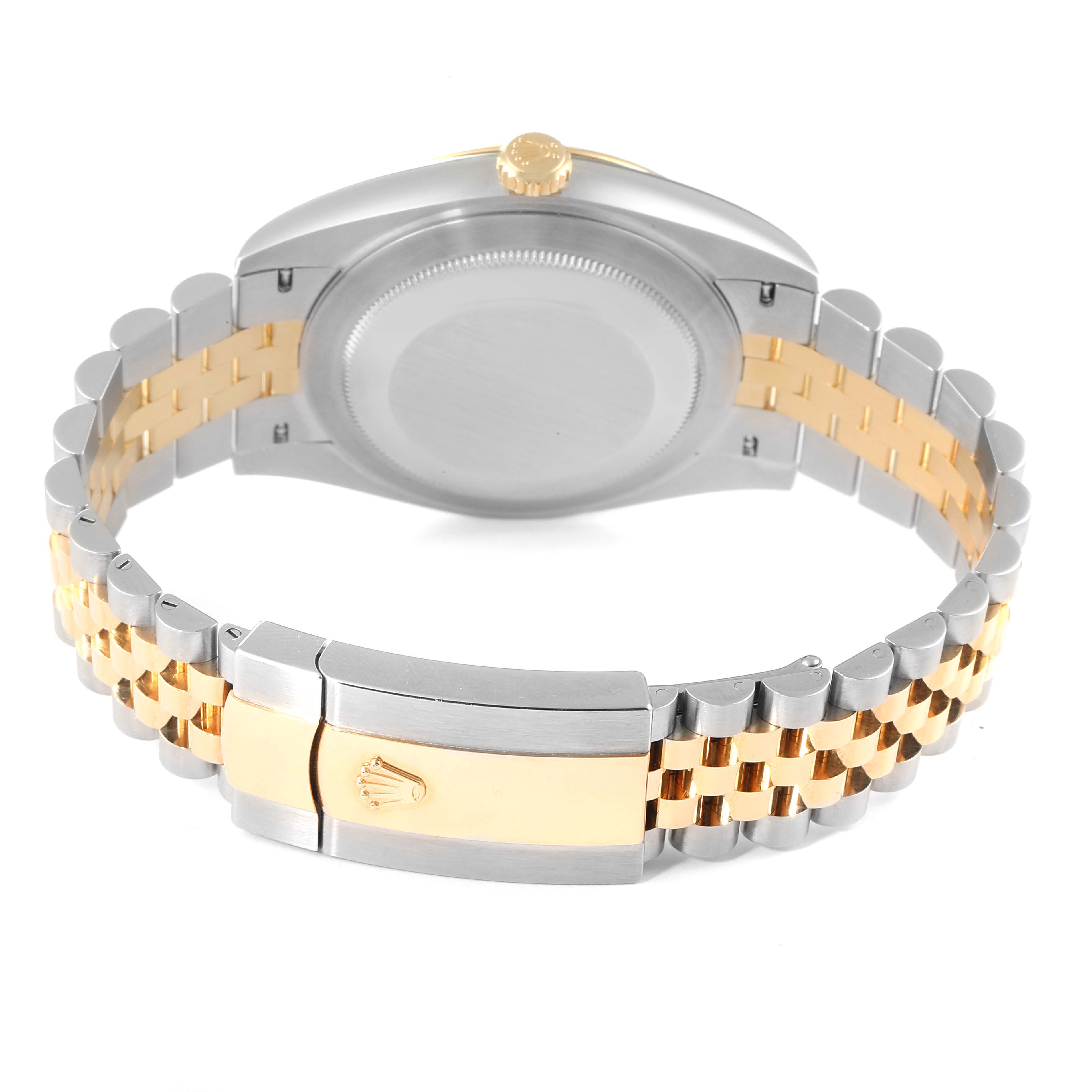 This is a rear view of the Rolex Datejust 41 126333 Men's Steel and Gold (two tone) Grey Dial 126333 Men's Steel and Gold (two tone) Grey Dial, showing the case back and two-tone Jubilee bracelet with a folded clasp.
