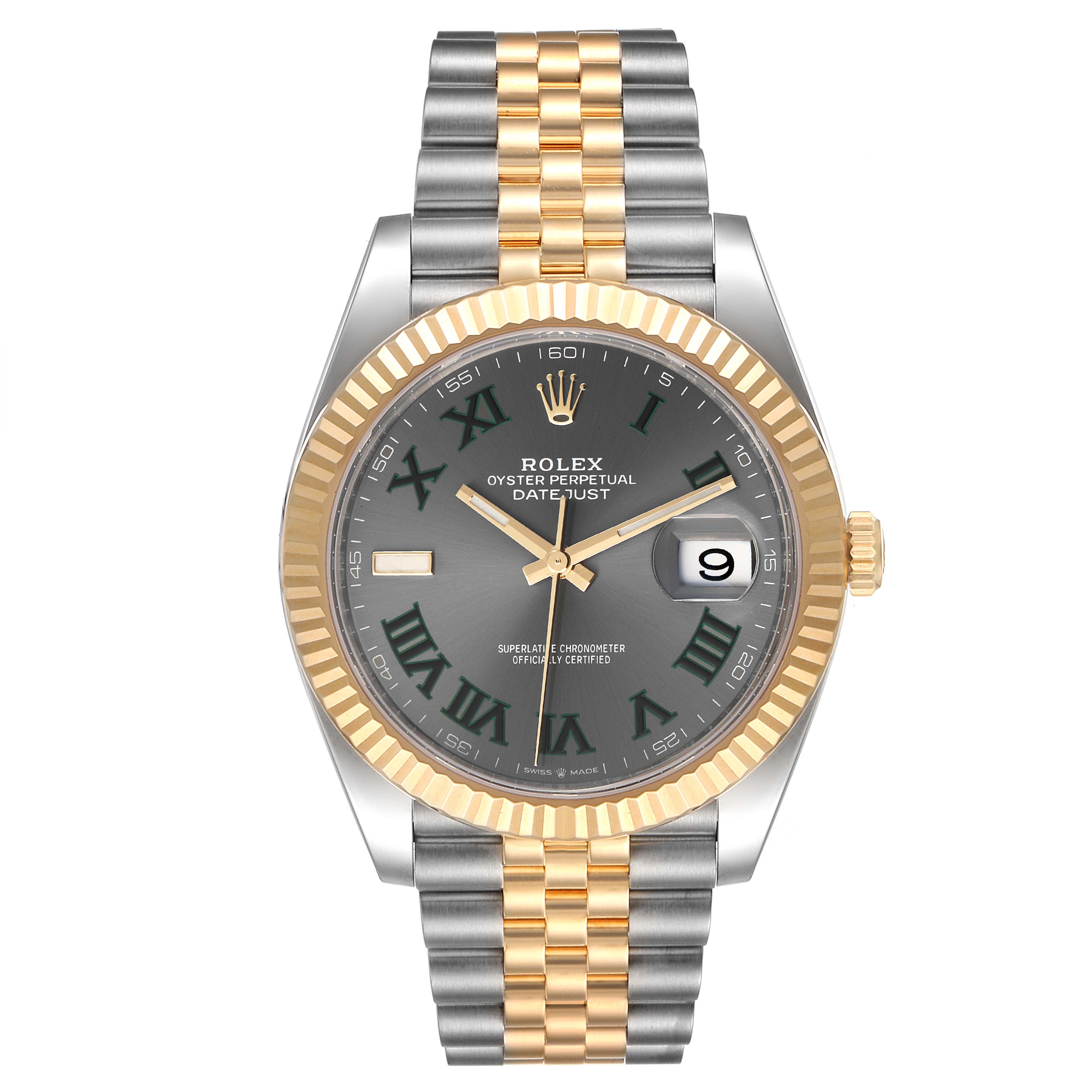 The image shows a front view of the Rolex Datejust 41 126333 Men's Steel and Gold (two tone) Grey Dial 126333 Men's Steel and Gold (two tone) Grey Dial watch with a two-tone bracelet and a grey dial featuring Roman numerals.