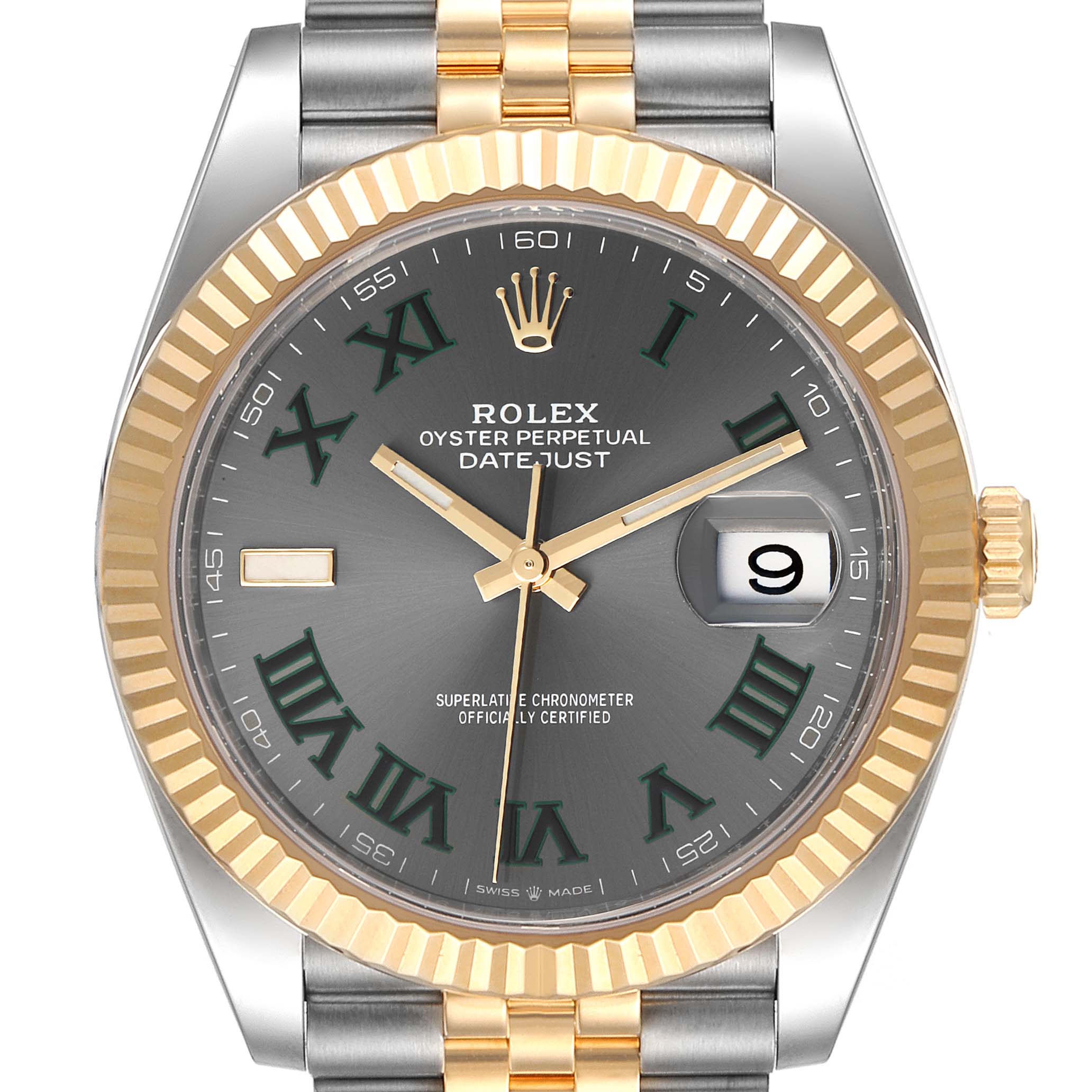The image shows a front view of the Rolex Datejust 41 126333 Men's Steel and Gold (two tone) Grey Dial 126333 Men's Steel and Gold (two tone) Grey Dial, highlighting the dial, bezel, and part of the bracelet.