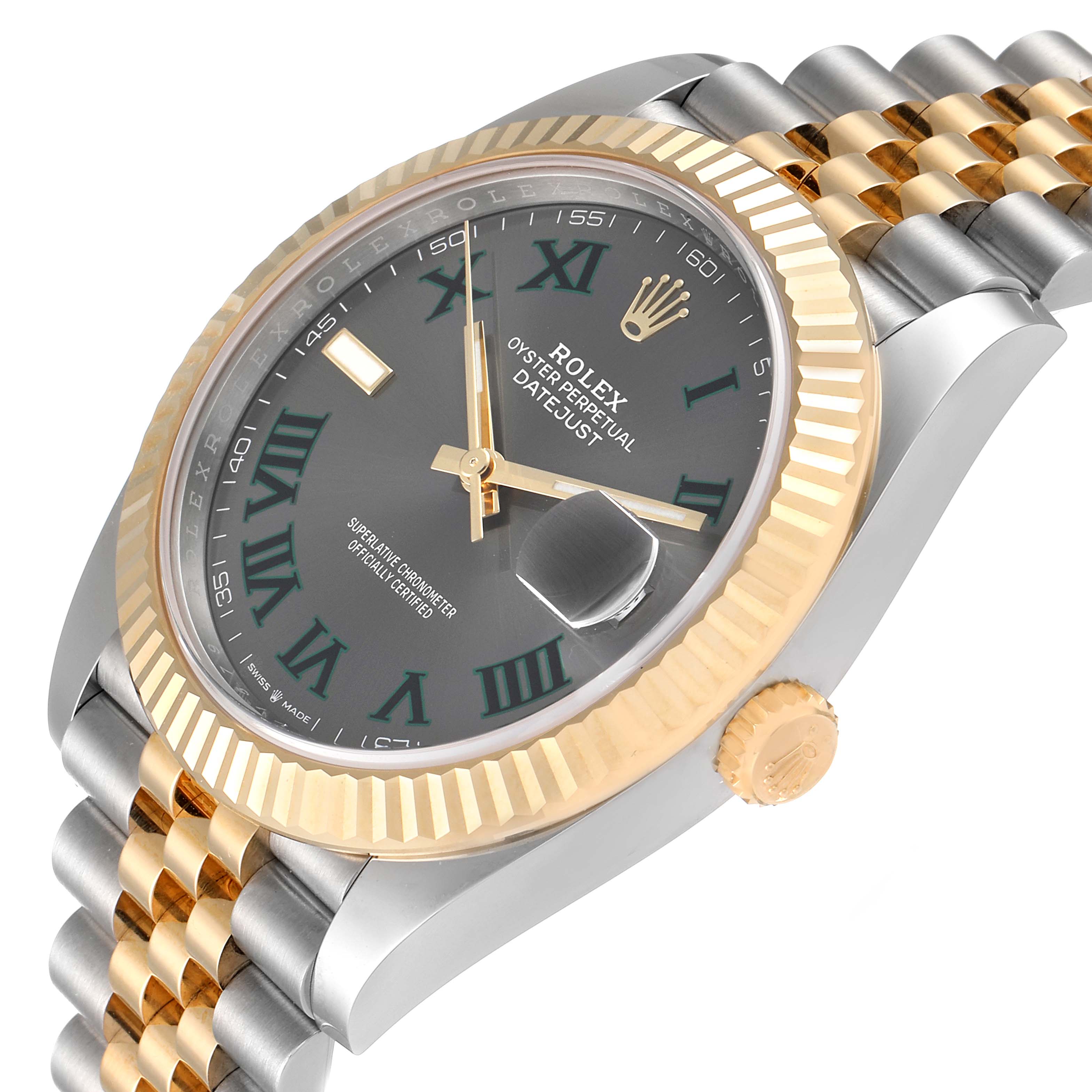 The image shows a Rolex Datejust 41 126333 Men's Steel and Gold (two tone) Grey Dial 126333 Men's Steel and Gold (two tone) Grey Dial watch at an angle displaying its gold fluted bezel, jubilee bracelet, and dark dial.