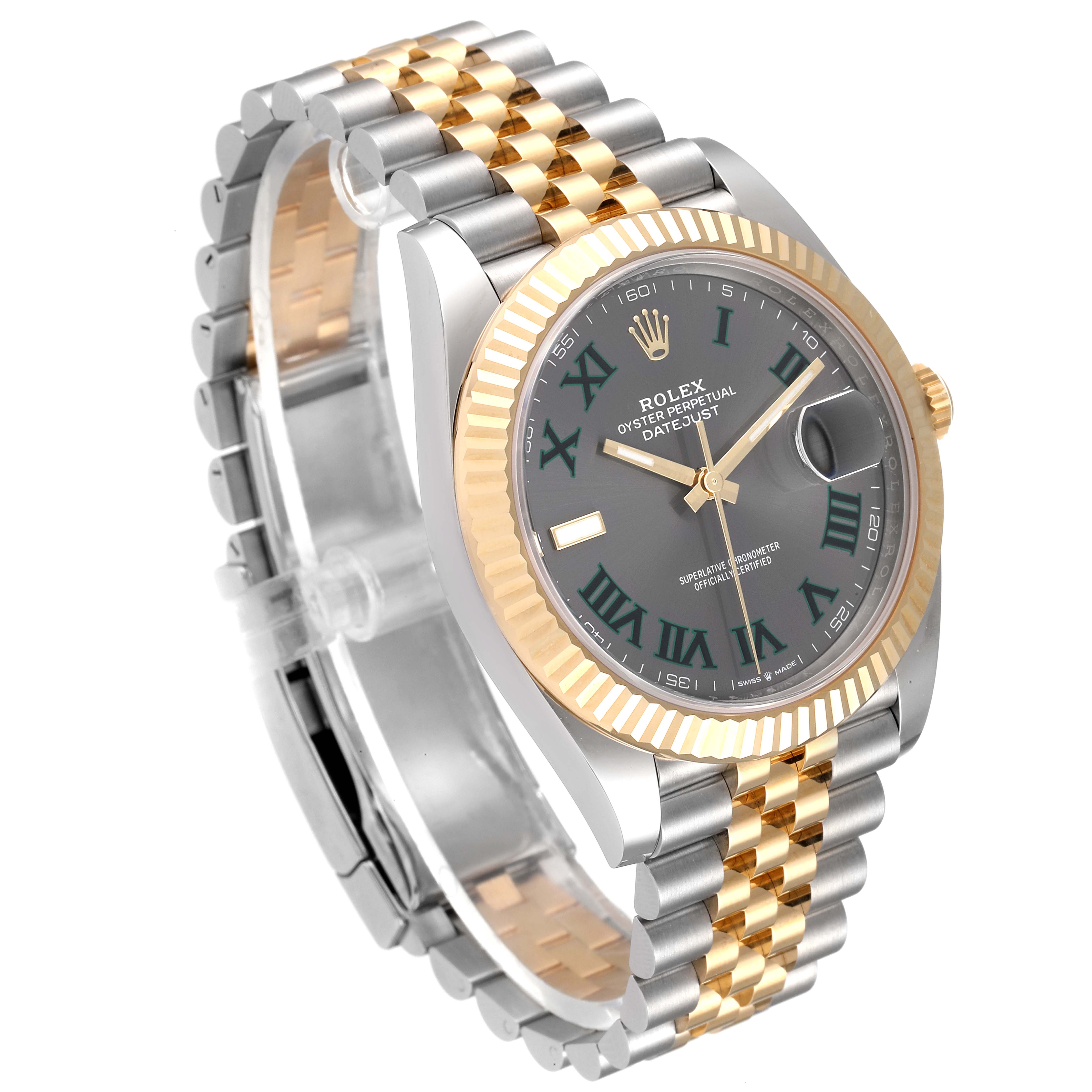 This image shows the Rolex Datejust 41 126333 Men's Steel and Gold (two tone) Grey Dial 126333 Men's Steel and Gold (two tone) Grey Dial watch from a front-side angle, highlighting its dial, bezel, and two-tone bracelet.