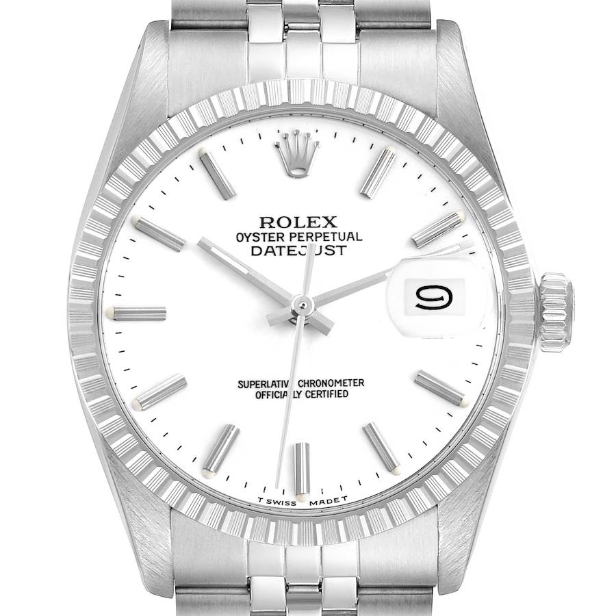 The Rolex Vintage Collection model is shown from the front, displaying the dial, bezel, and part of the bracelet.