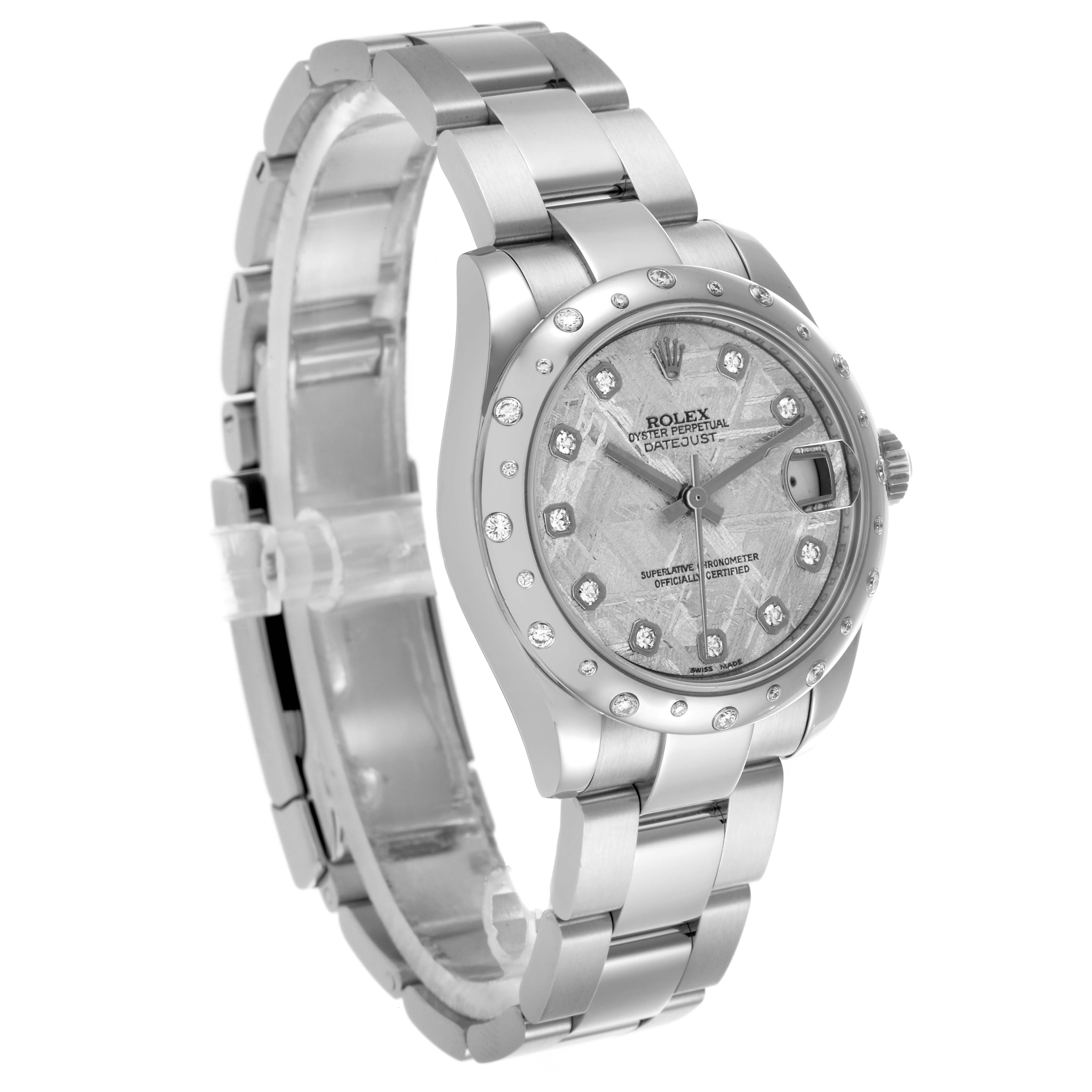 The Rolex Mid-Size 178344 Women's Stainless Steel Silver Dial 178344 Women's Stainless Steel Silver Dial watch is shown at a three-quarter angle, highlighting the face, bezel, and bracelet.