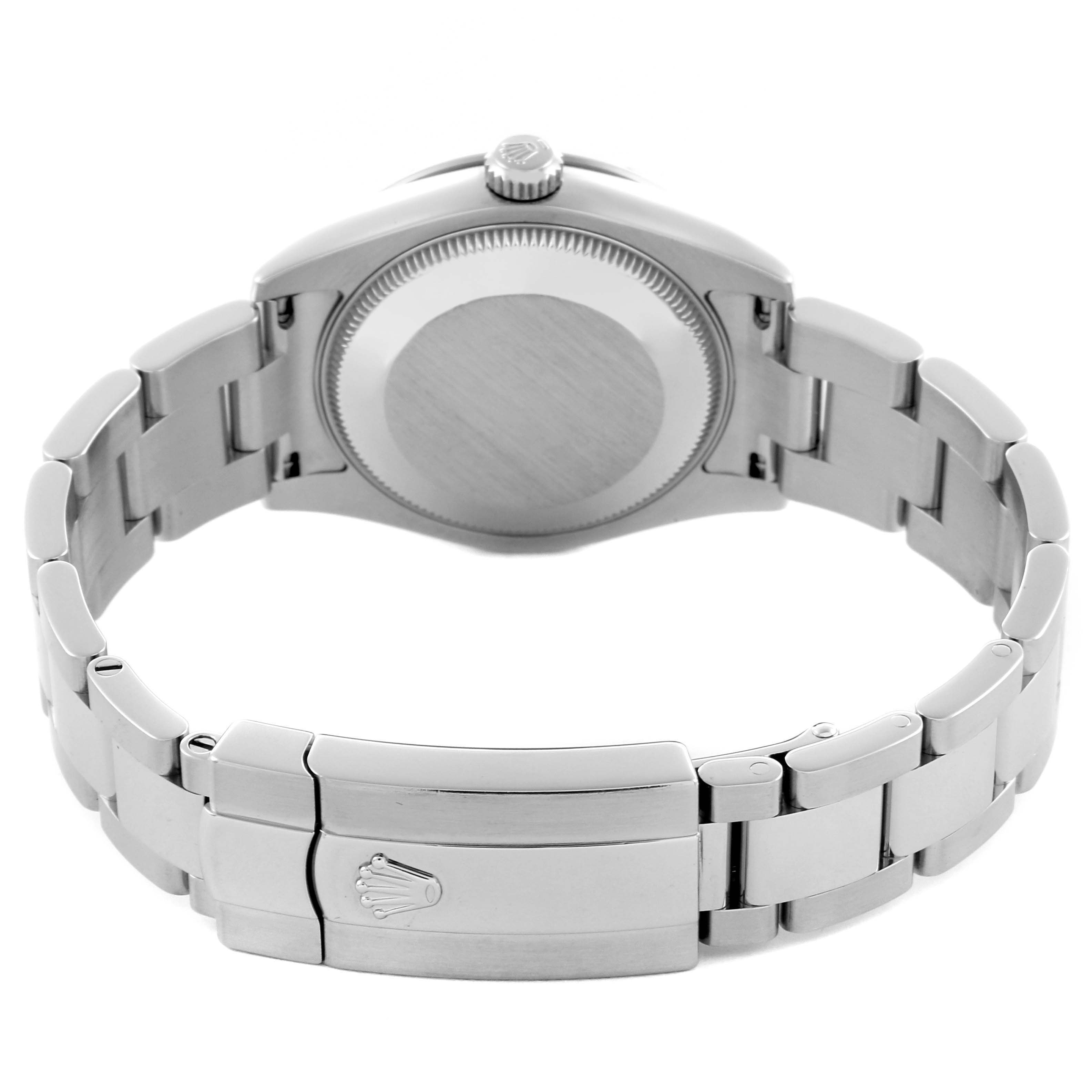 The image shows the back case and bracelet clasp of a Rolex Mid-Size 178344 Women's Stainless Steel Silver Dial 178344 Women's Stainless Steel Silver Dial watch from a rear angle.