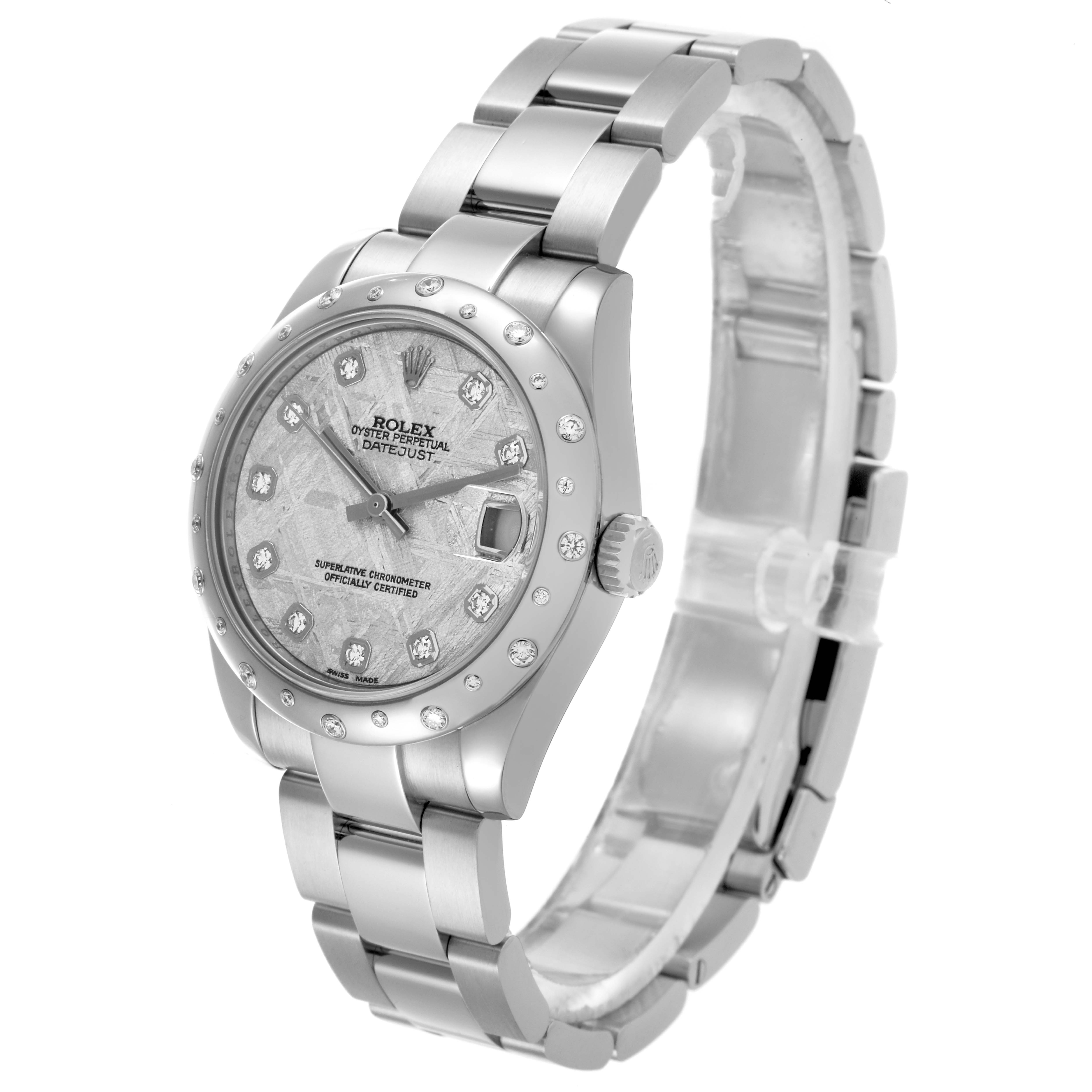 The Rolex Datejust Mid-Size watch is shown at a three-quarter angle, highlighting its dial, bezel, and bracelet.