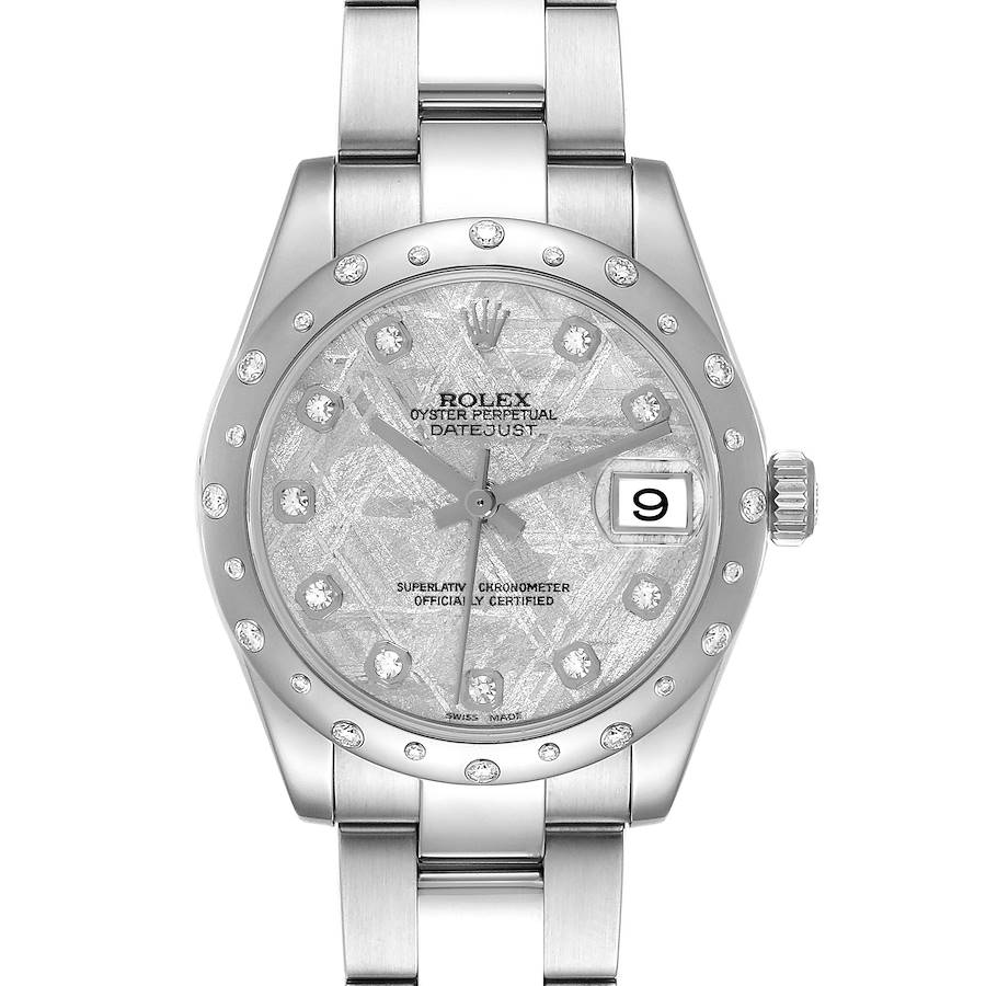 The Rolex Mid-Size Datejust is shown from a front angle, displaying the face, bezel, and part of the bracelet.