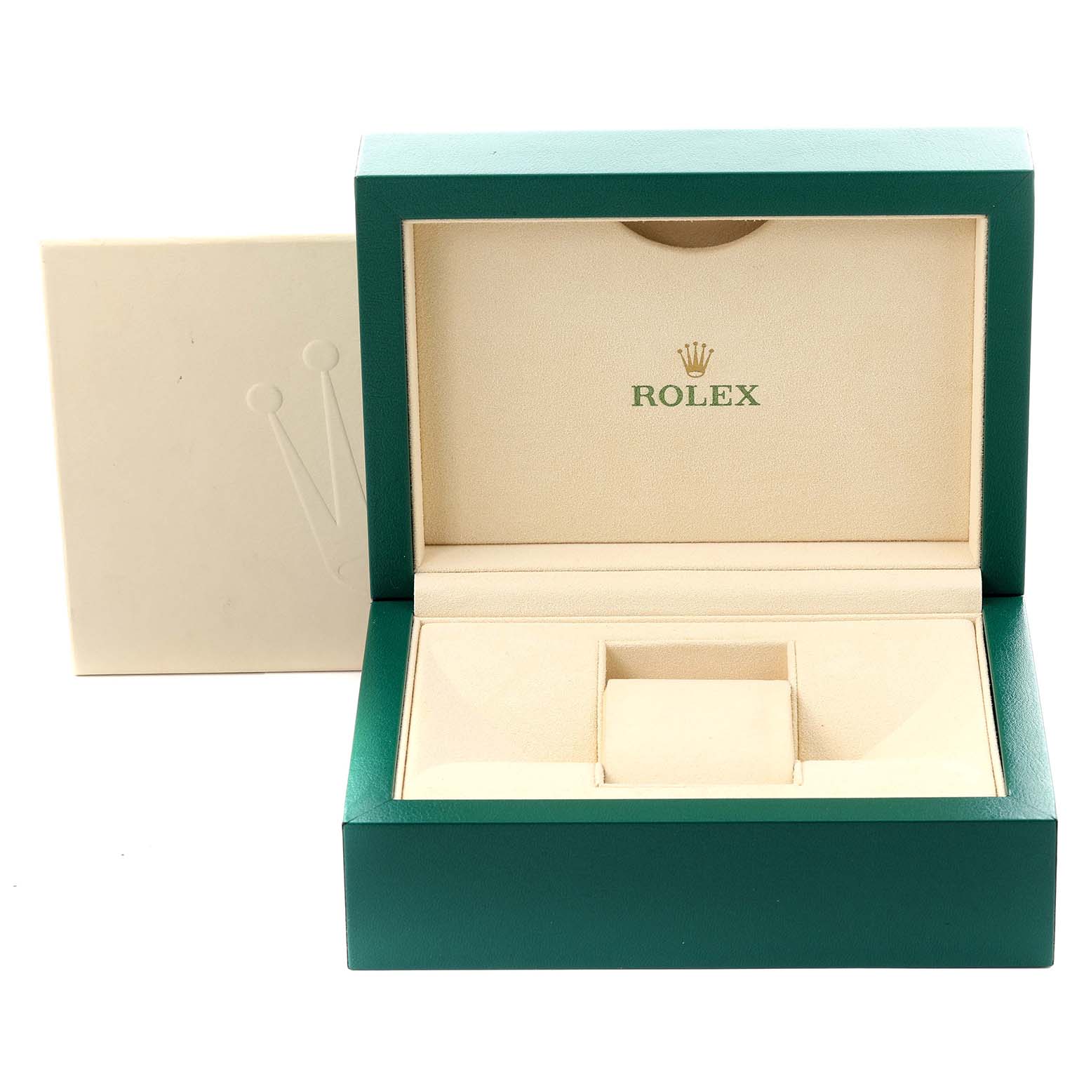 The image shows an open Rolex box for a Mid-Size model, viewed from the front, highlighting the interior compartments.