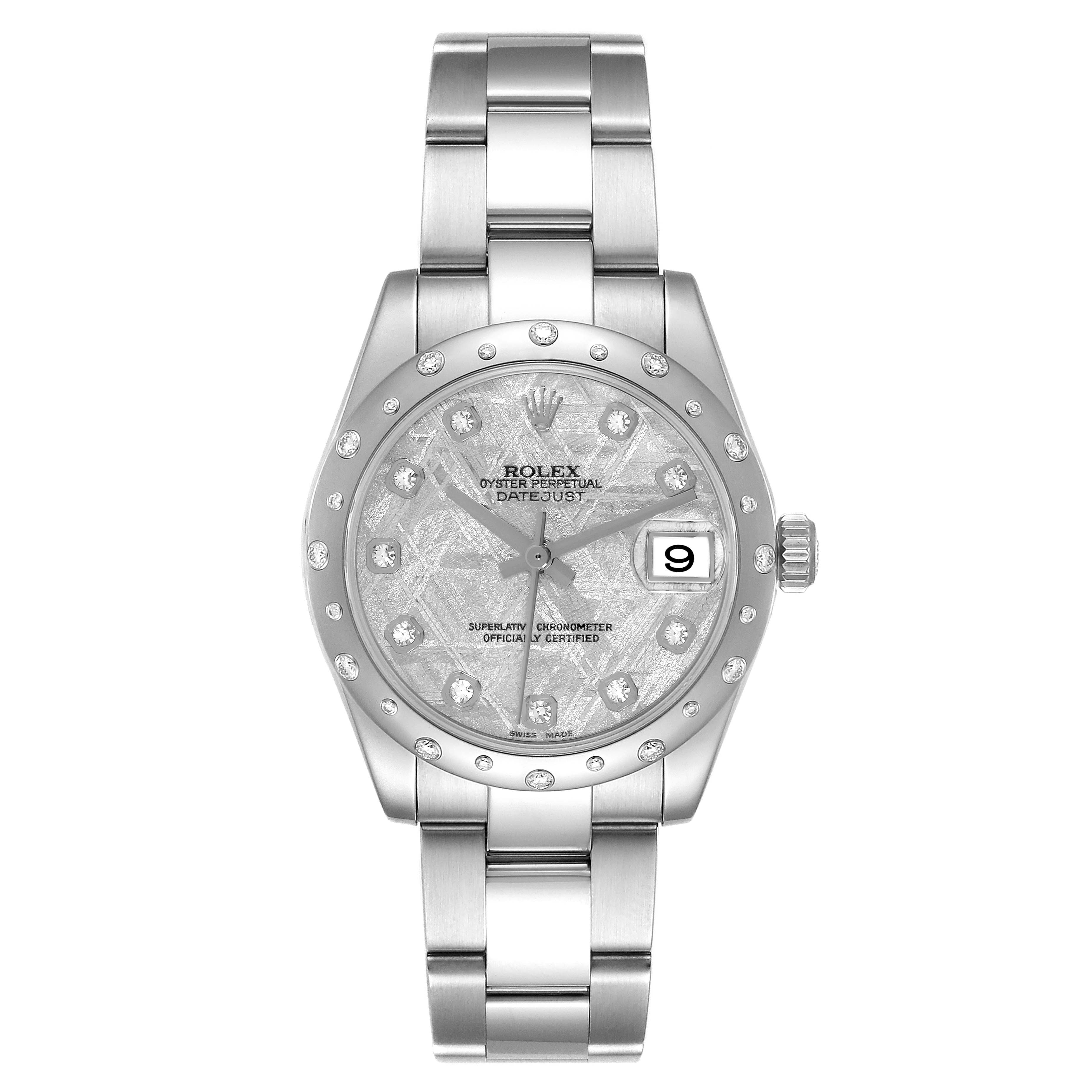 The Rolex Mid-Size 178344 Women's Stainless Steel Silver Dial 178344 Women's Stainless Steel Silver Dial Oyster Perpetual Datejust is shown from a front view, displaying the face, bezel, and bracelet.