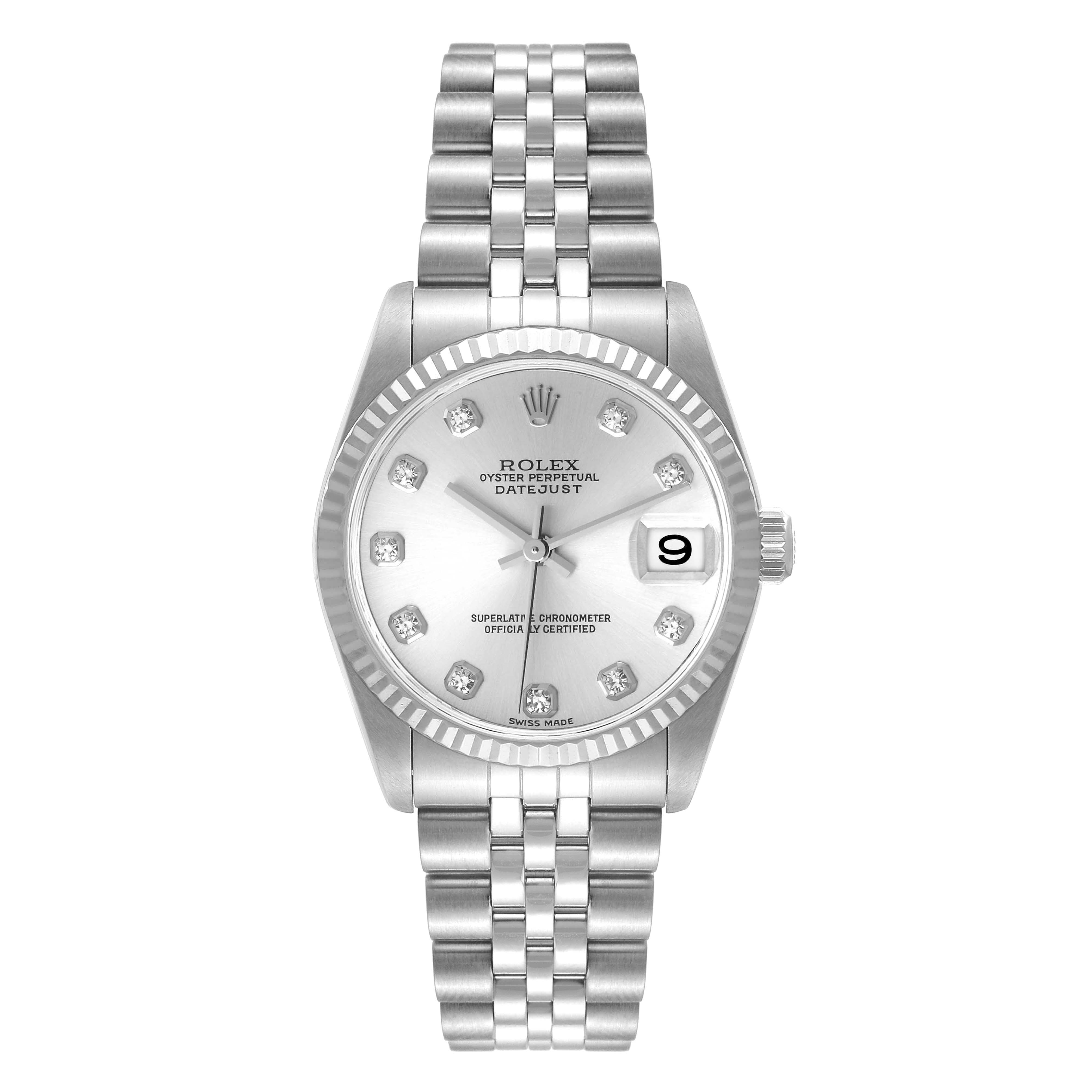 This image shows a front-facing view of a Rolex Mid-Size 78274 Women
s Stainless Steel Silver Dial 78274 Women
s Stainless Steel Silver Dial Oyster Perpetual Datejust watch with bracelet.