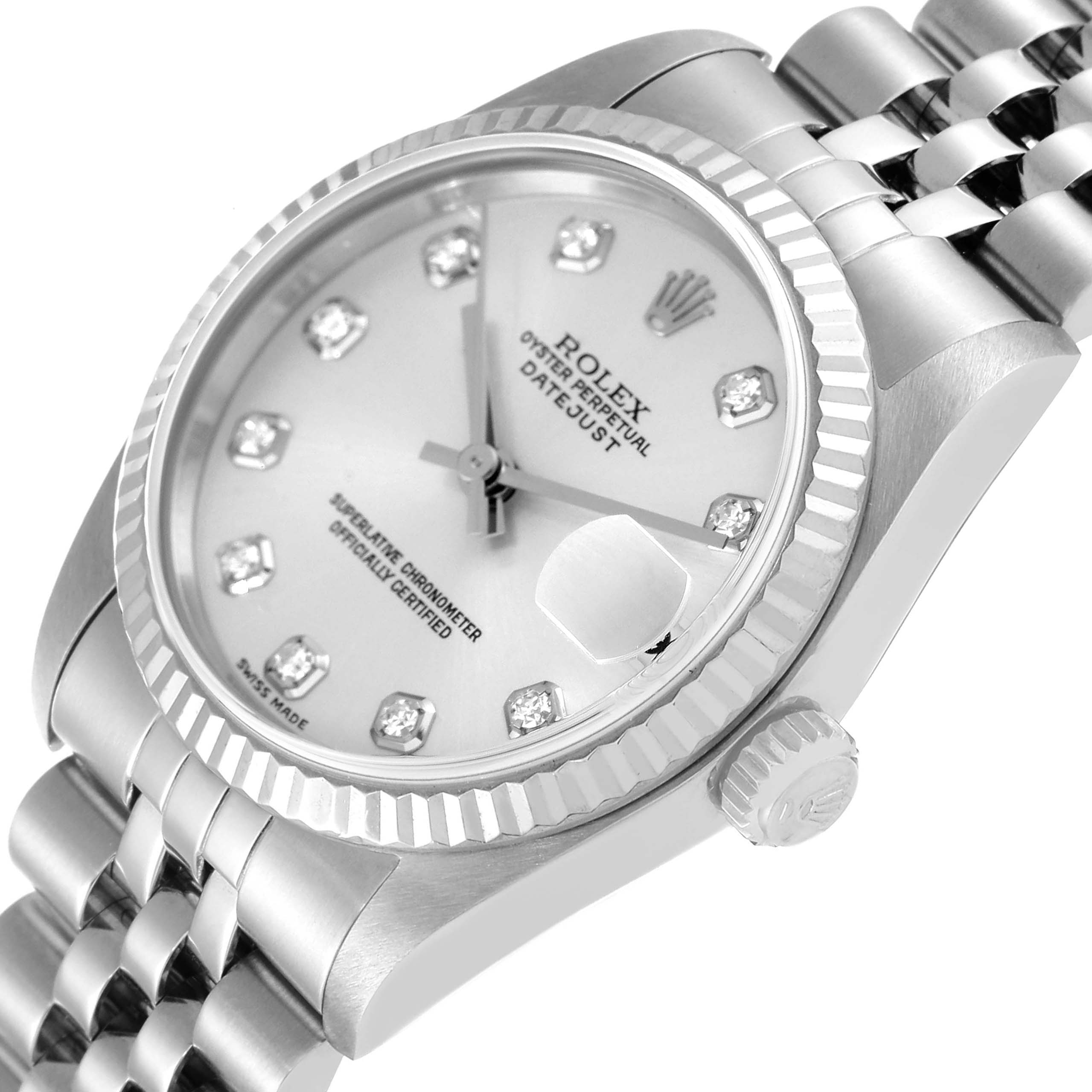 The image shows a close-up angled view of the Rolex Mid-Size 78274 Women
s Stainless Steel Silver Dial 78274 Women
s Stainless Steel Silver Dial Oyster Perpetual Datejust, highlighting the face, bezel, and partial band.