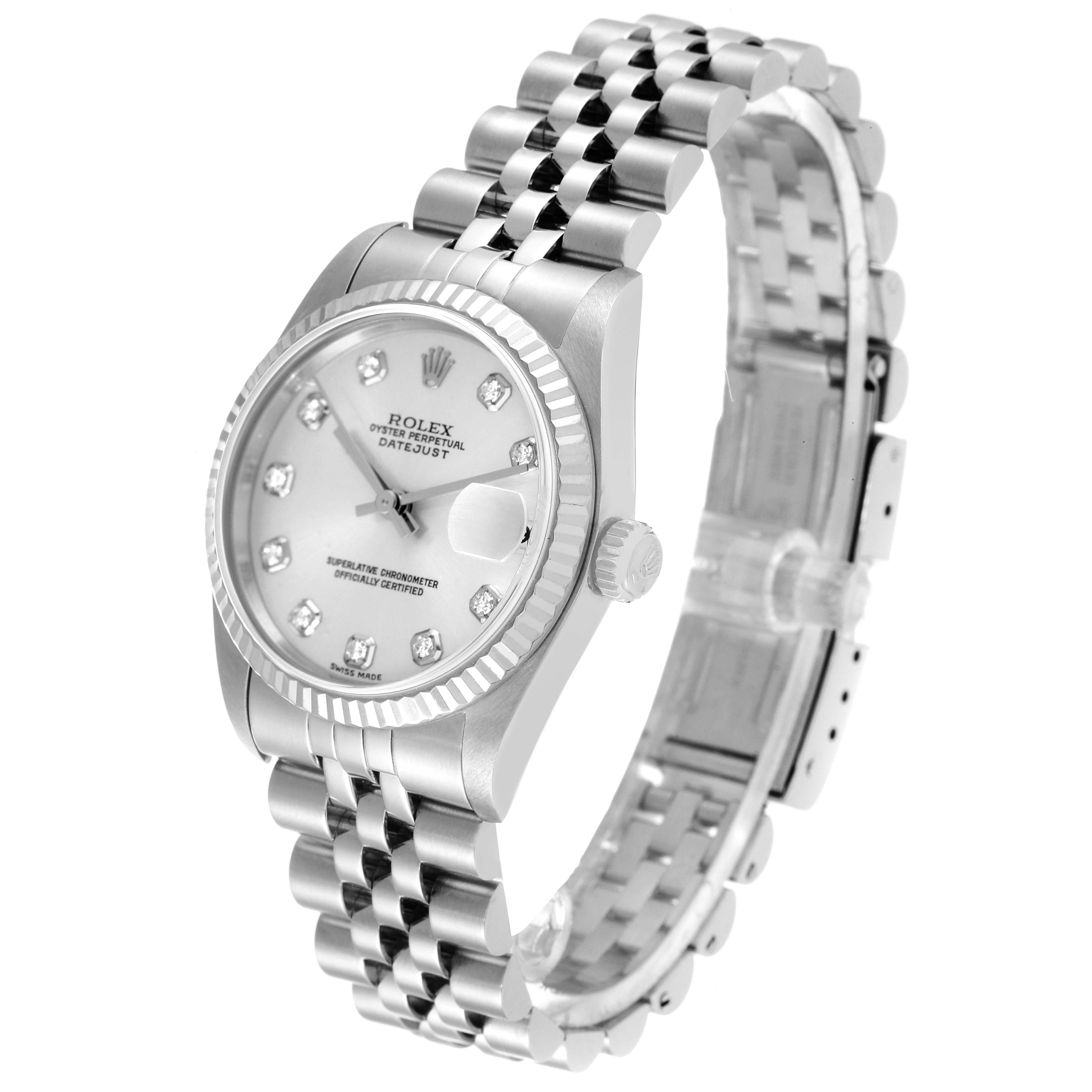 The Rolex Mid-Size 78274 Women
s Stainless Steel Silver Dial 78274 Women
s Stainless Steel Silver Dial Datejust watch is shown at an angled side view, highlighting the face, bezel, crown, and bracelet.